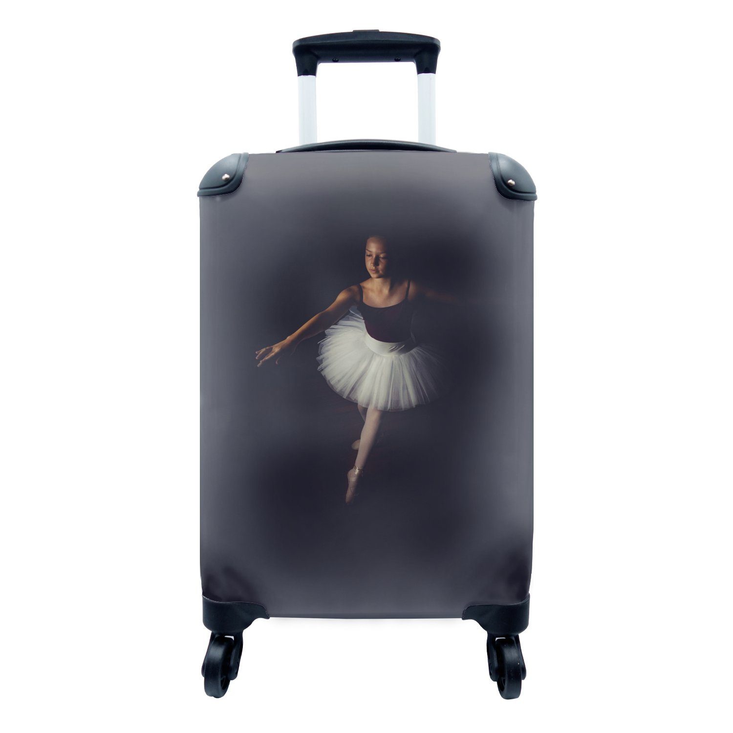 MuchoWow Handgepäckkoffer Junge Ballerina auf Hintergrund, rollen, schwarzem Ferien, für Reisetasche 4 Handgepäck Reisekoffer Trolley, Rollen, mit