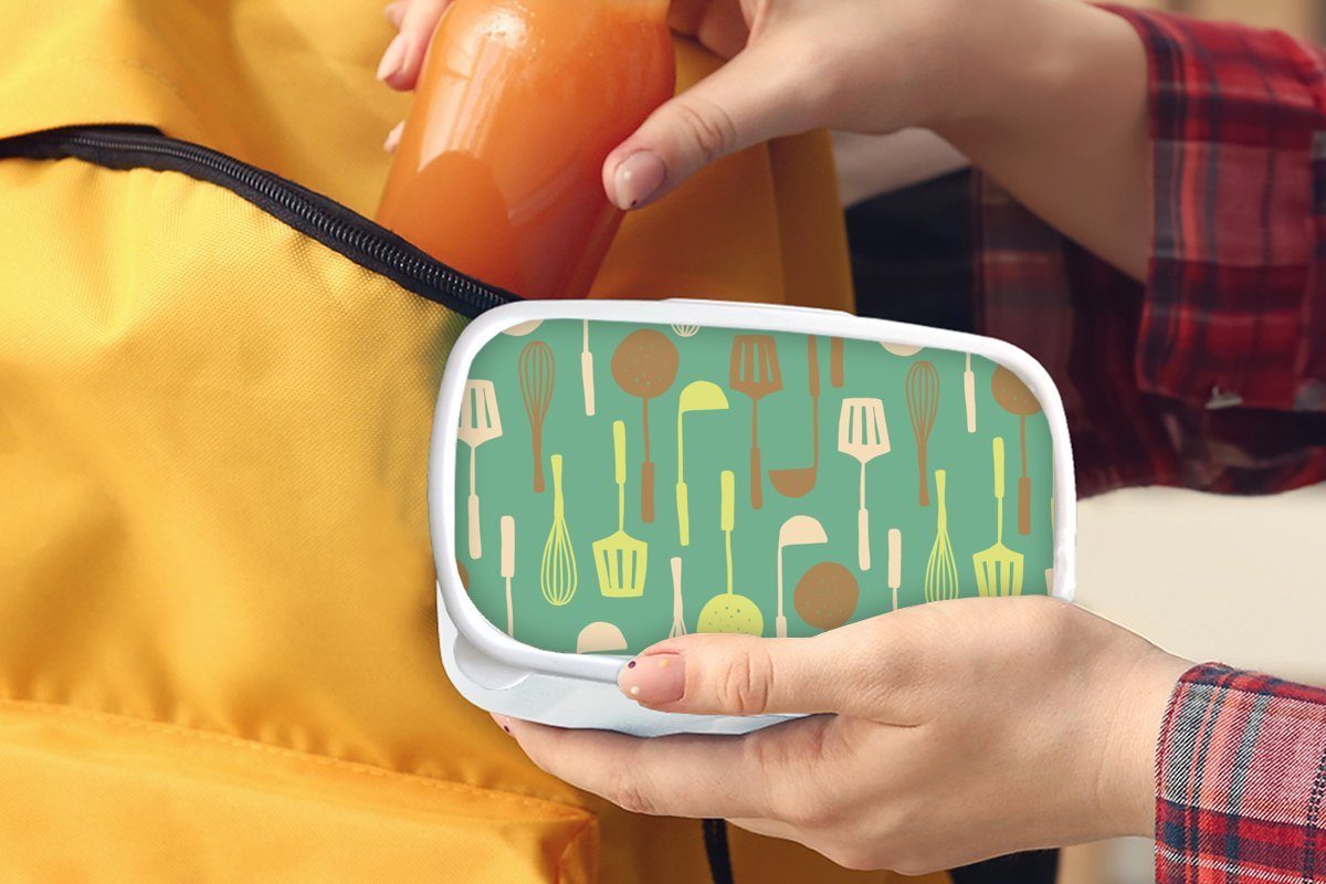 MuchoWow Lunchbox Spatel - Brotbox Erwachsene, Muster für (2-tlg), Brotdose, für - Mädchen und und - Kunststoff, Kinder Jungs weiß Küche, Löffel