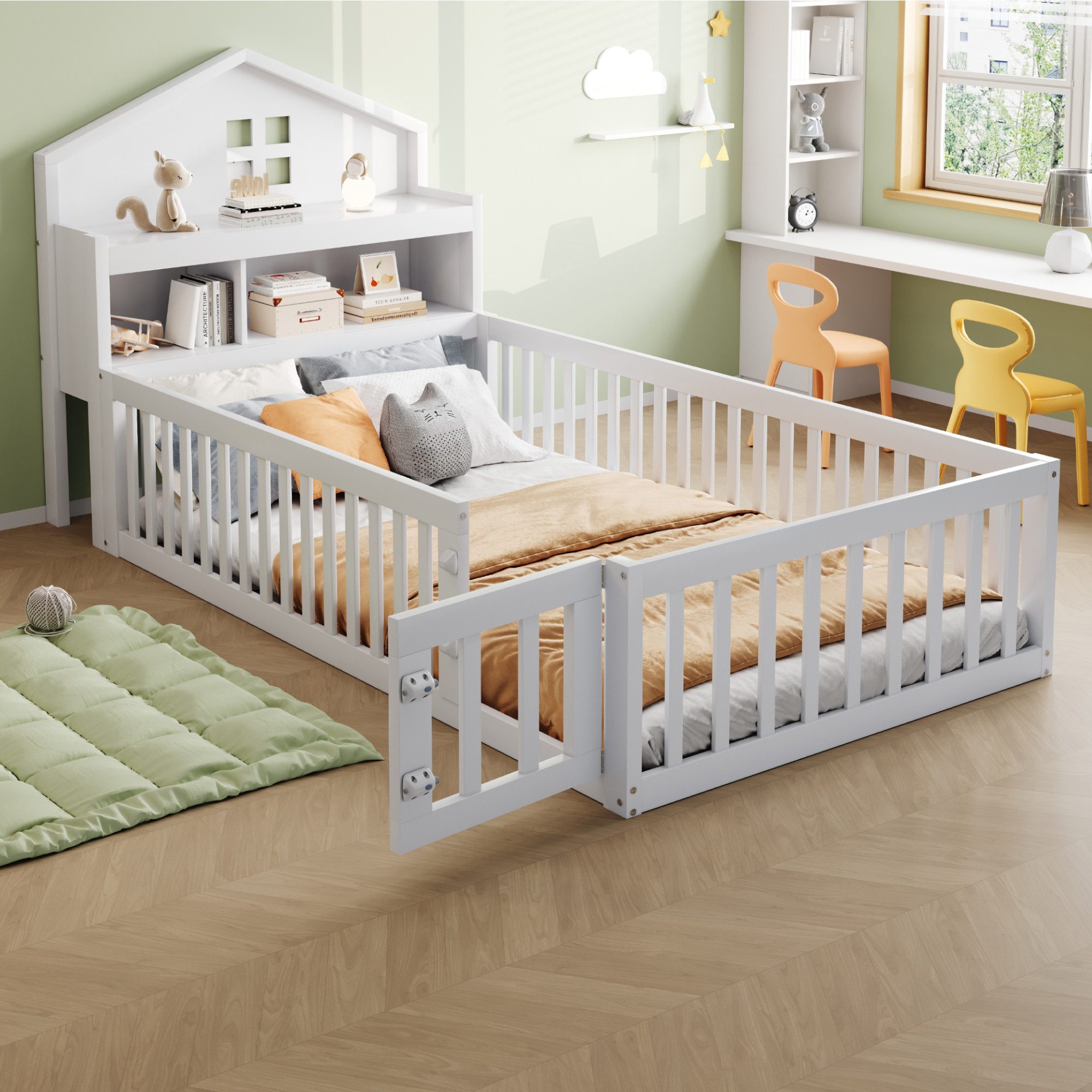 Flieks Kinderbett, Holzbett Bodenbett Hausbett 90x200cm günstig online kaufen