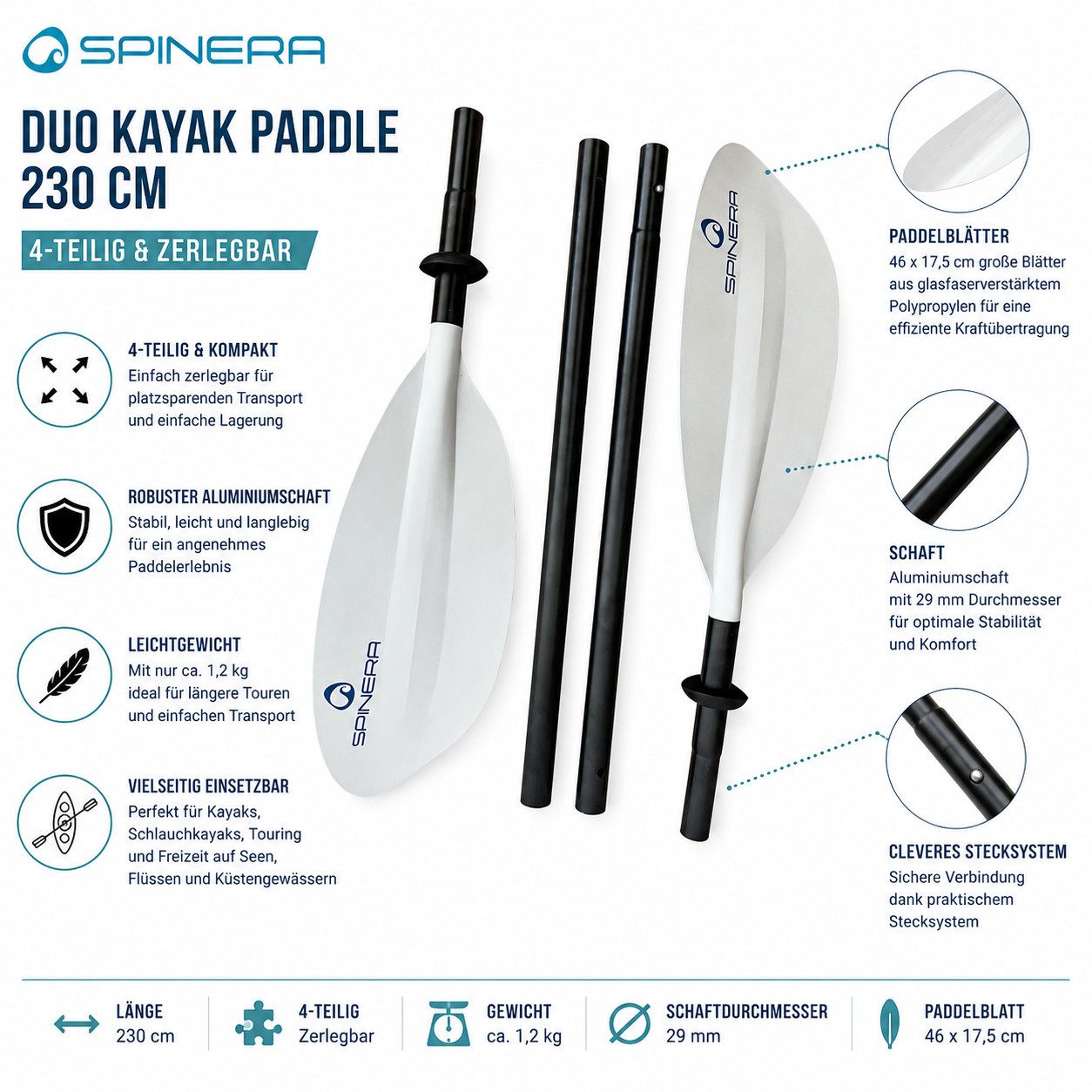 Spinera Spinera Kayak Paddel Basic 230cm 4-teilig Kajakpaddel Alu SUP-Paddel