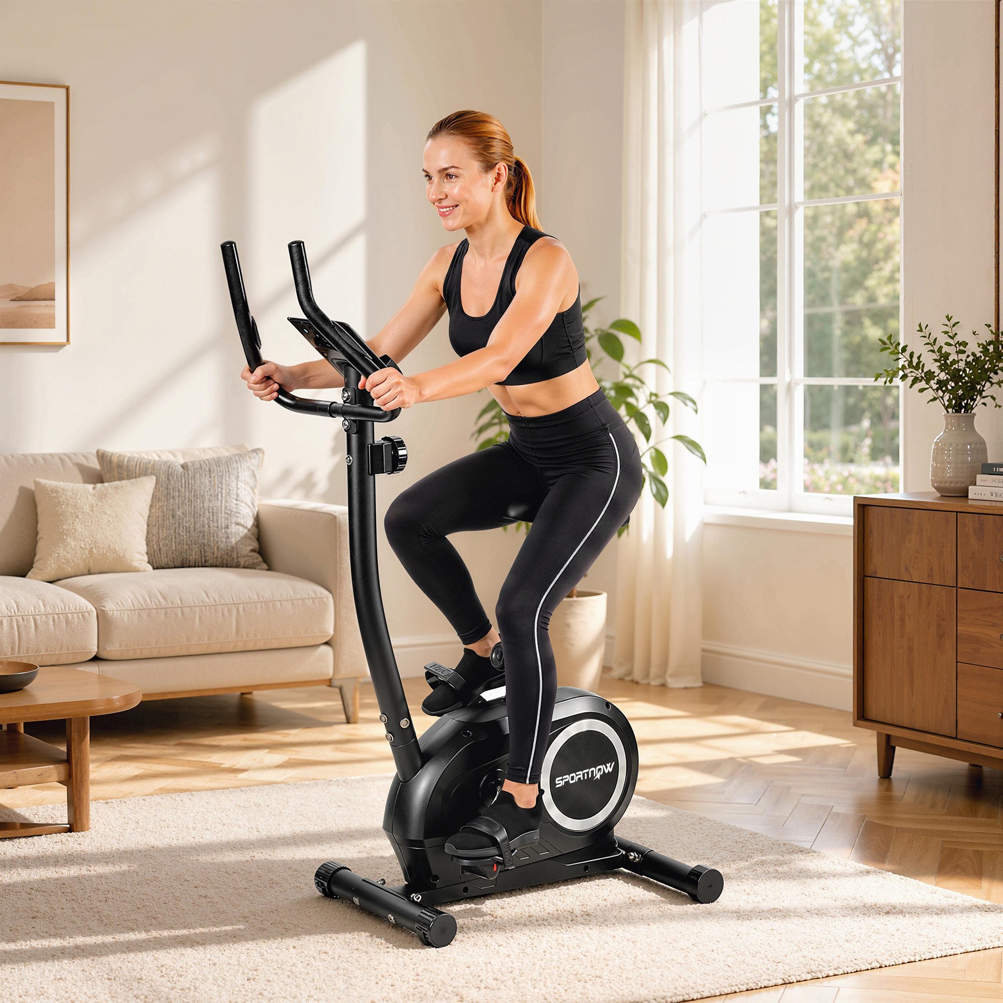 SPORTNOW Heimtrainer mit APP, Magnetwiderstand, LCD-Monitor, Pulssensoren, Handyhalterung (Ergometer, 1-tlg., Hometrainer), Schwarz