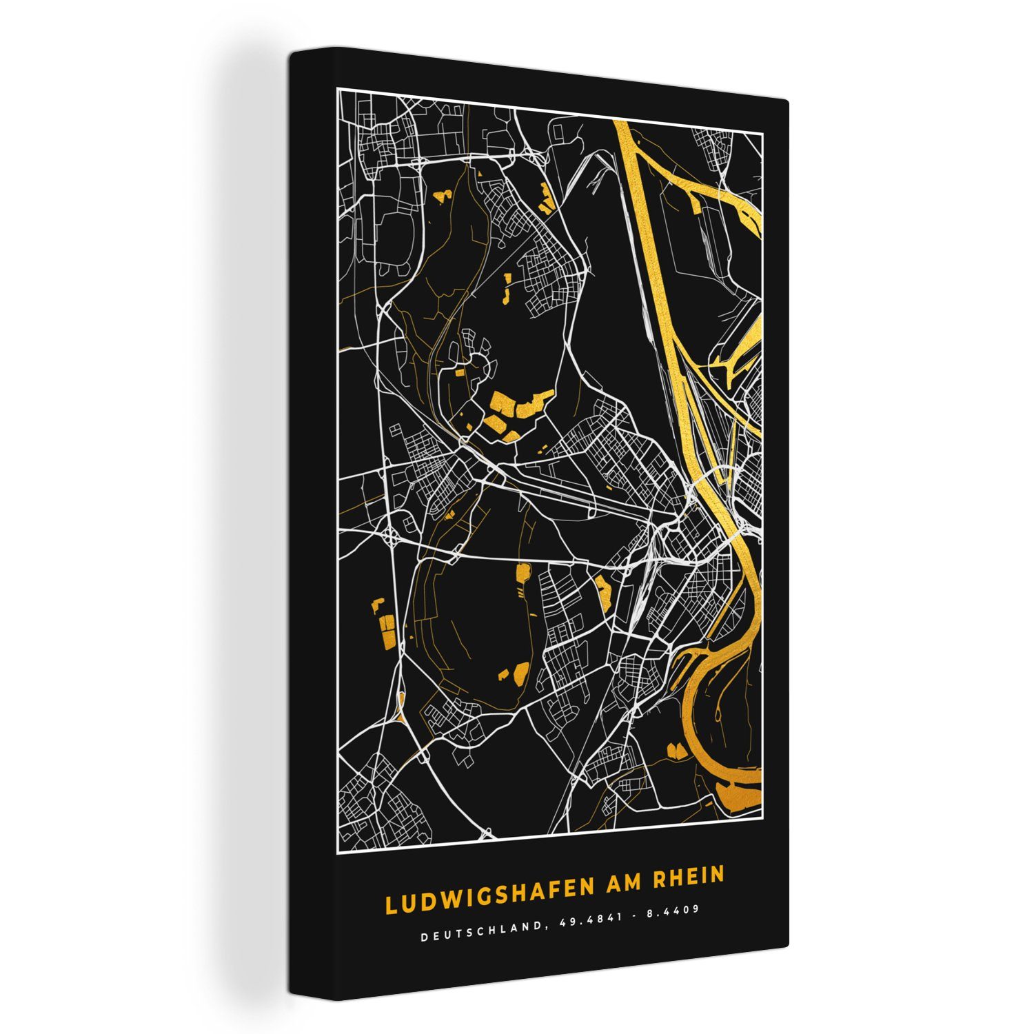 OneMillionCanvasses® Leinwandbild Ludwigshafen Am Rhein - Gold - Karte - Stadtplan - Deutschland, (1 St), Leinwandbild fertig bespannt inkl. Zackenaufhänger, Gemälde, 20x30 cm