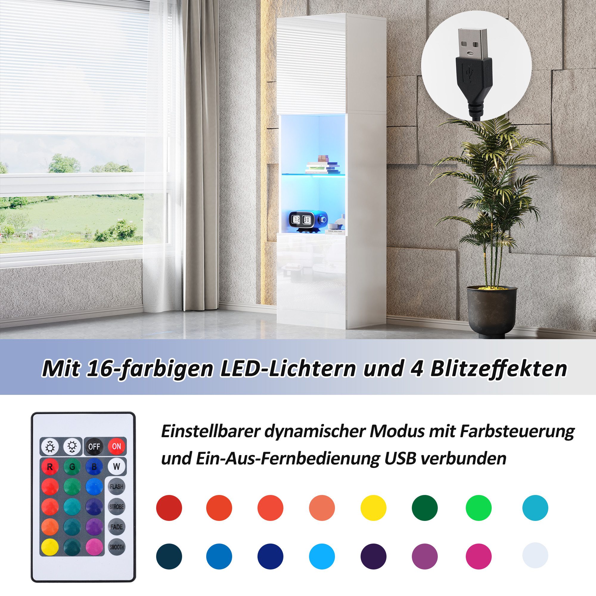 OKWISH Vitrine Vitrinenschrank in Hochglanz (Highboard, Aufbewahrungsschrank, Hochschrank, Lagerschrank , 1-St., 1 Glasboden, 2 Türen) Hochglanz Vitrine, mit LED-Beleuchtung