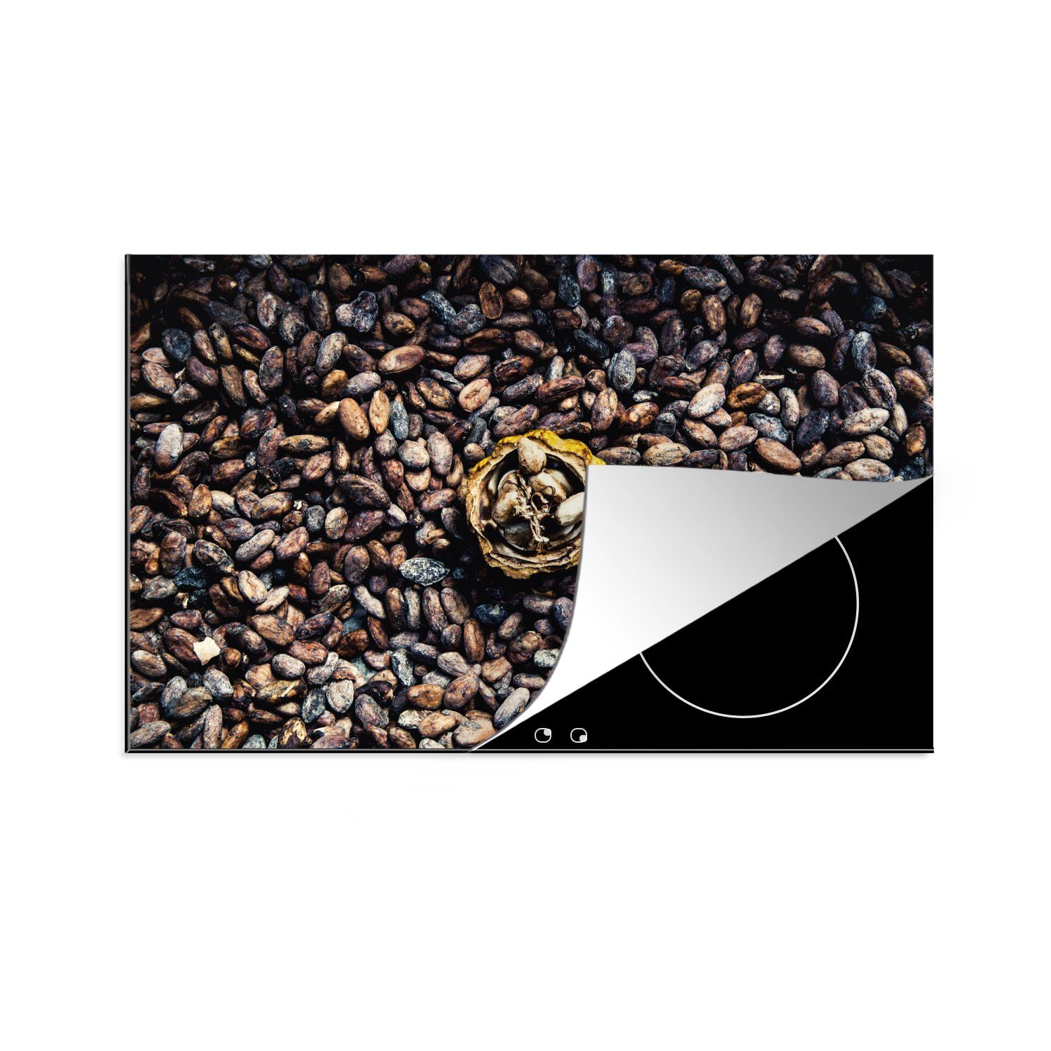 MuchoWow Herdblende-/Abdeckplatte Nahaufnahme der dunklen Kakaobohnen um die Schote herum, Vinyl, (1 tlg), 81x52 cm, Induktionskochfeld Schutz für die küche, Ceranfeldabdeckung