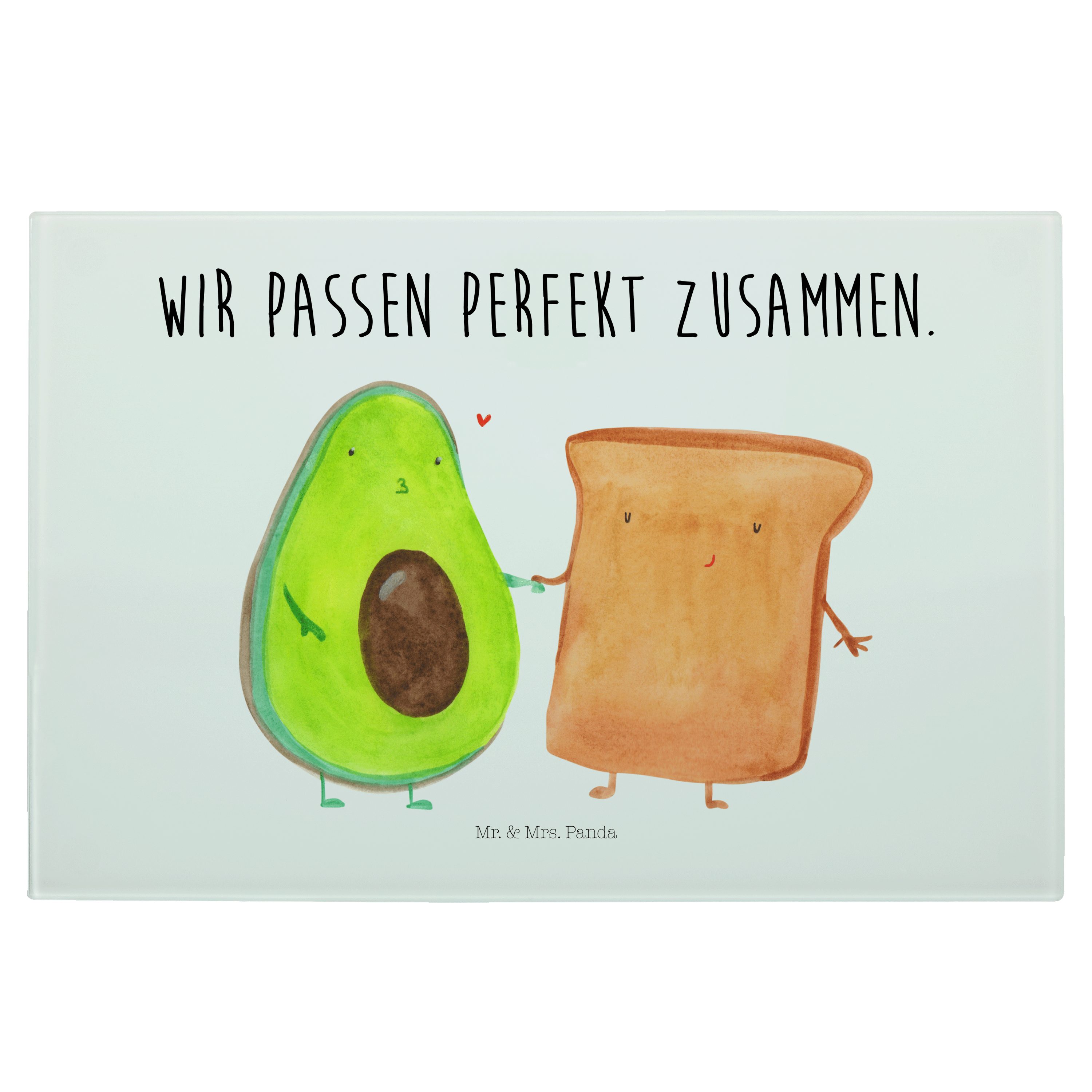 Mr. & Mrs. Panda Servierbrett Avocado + Toast - Weiß - Geschenk, Schneidebrett, Glasschneidebrett, Premium Glas, (1-St)