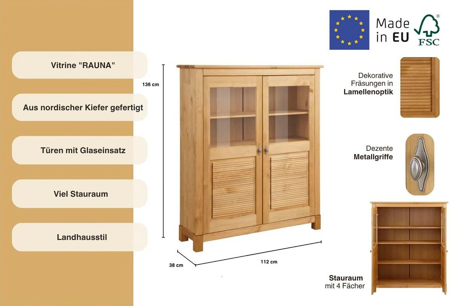 OTTO home Highboard Rauna, Vitrine, Breite 111,6 cm, aus massiver Kiefer