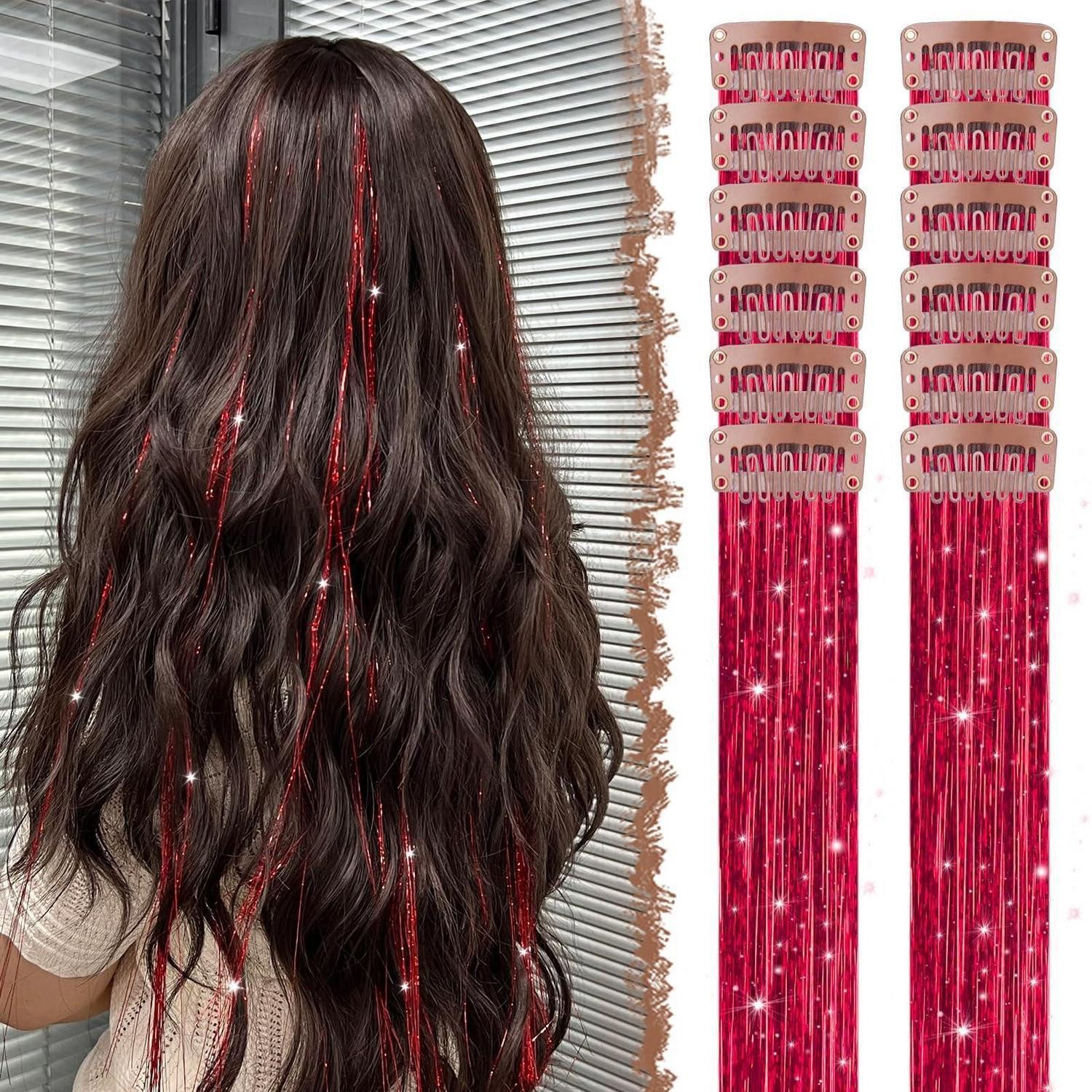 LuxusKollektion Kunsthaar-Extension Haartinsel Clipin Haarsträhnen Glitzer 12 Stück Mädchen Rot-glitzer
