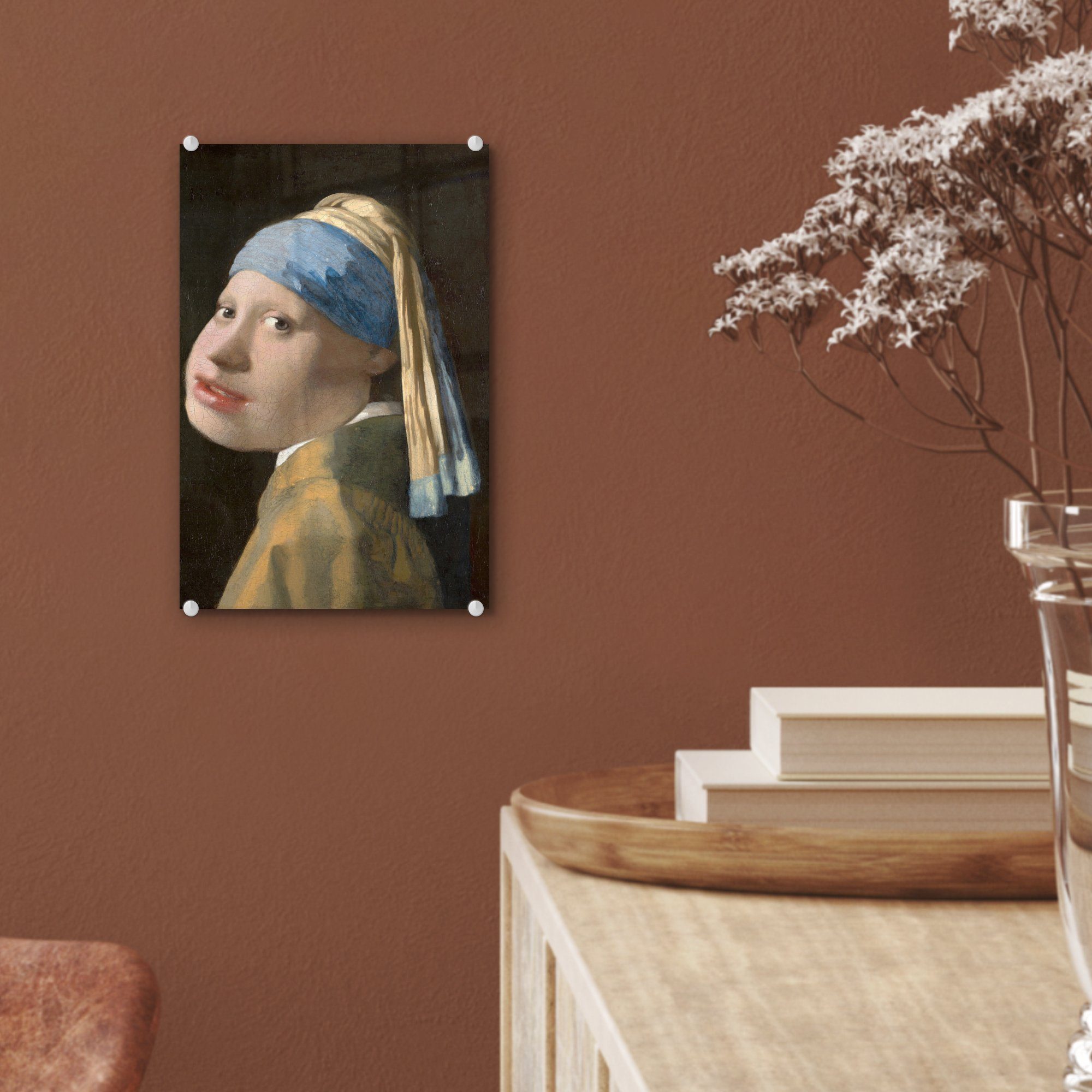 MuchoWow Acrylglasbild Das Mädchen mit - Glas auf Wandbild Vermeer - Bilder - bunt (1 Johannes Wanddekoration - - dem Glasbilder Karikatur, Glas Perlenohrring St), auf Foto