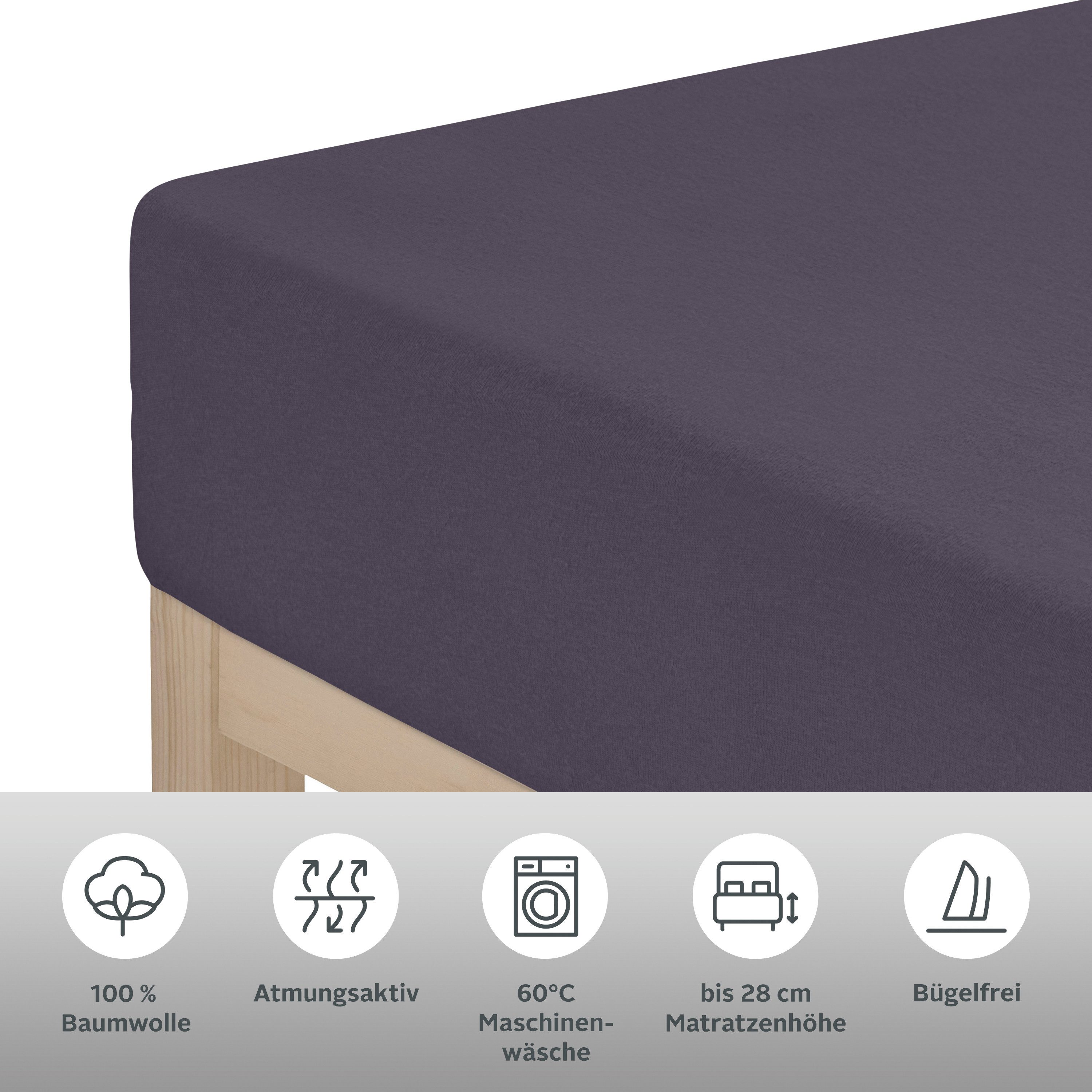 OTTO home Spannbettlaken BLACKBERRY in PREMIUM und BASIC Qualität, 100% Baumwolle, Jersey (110 g/m), Gummizug: rundum, (2 Stück), für hohe Matratzen bis 28 cm,  – Bild 4 von 5