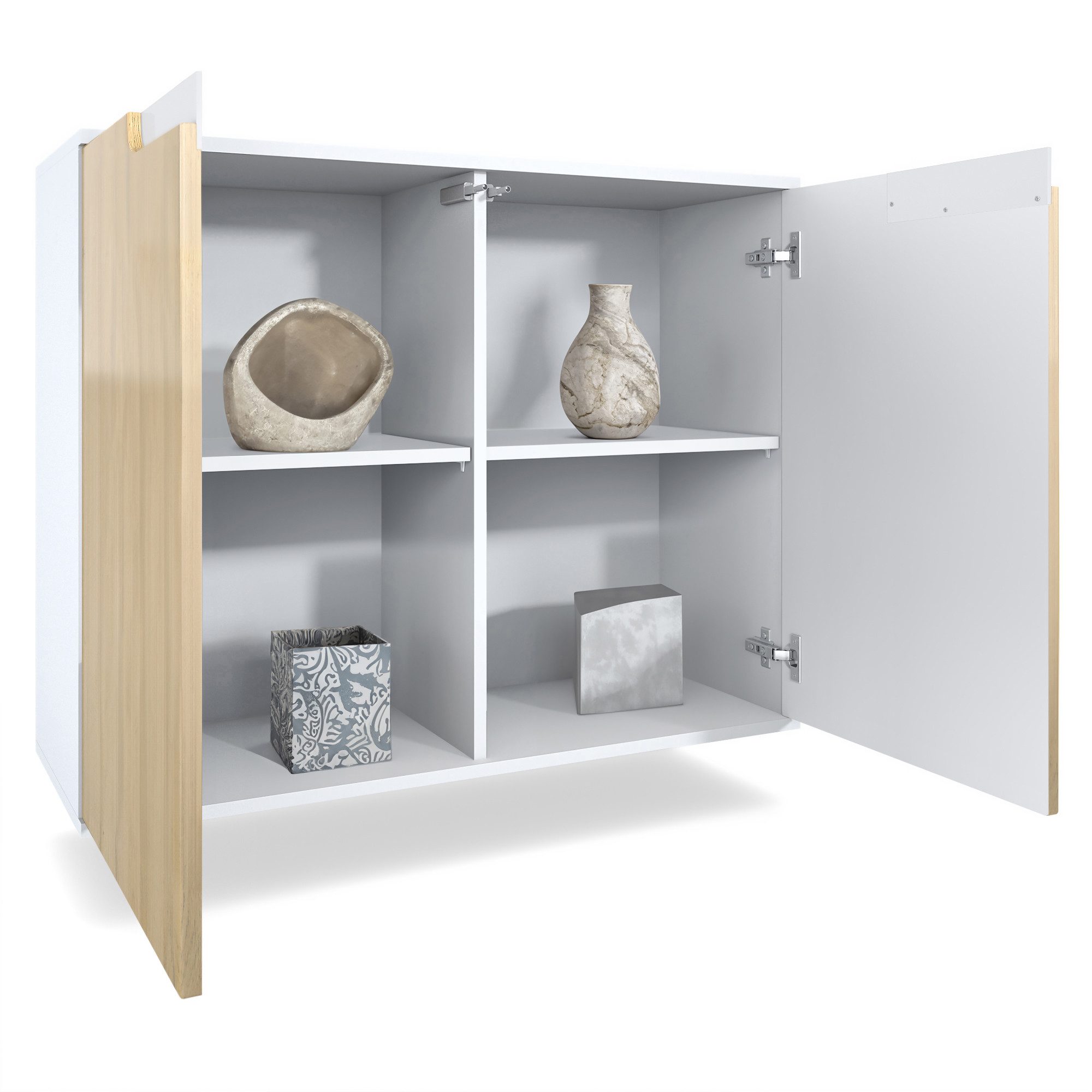 Vladon Kommode Sylt V3 (Moderner Küchenschrank, mit 2 großen Türen), Weiß matt / Grau Hochglanz (92,5 x 73.5 x 35)