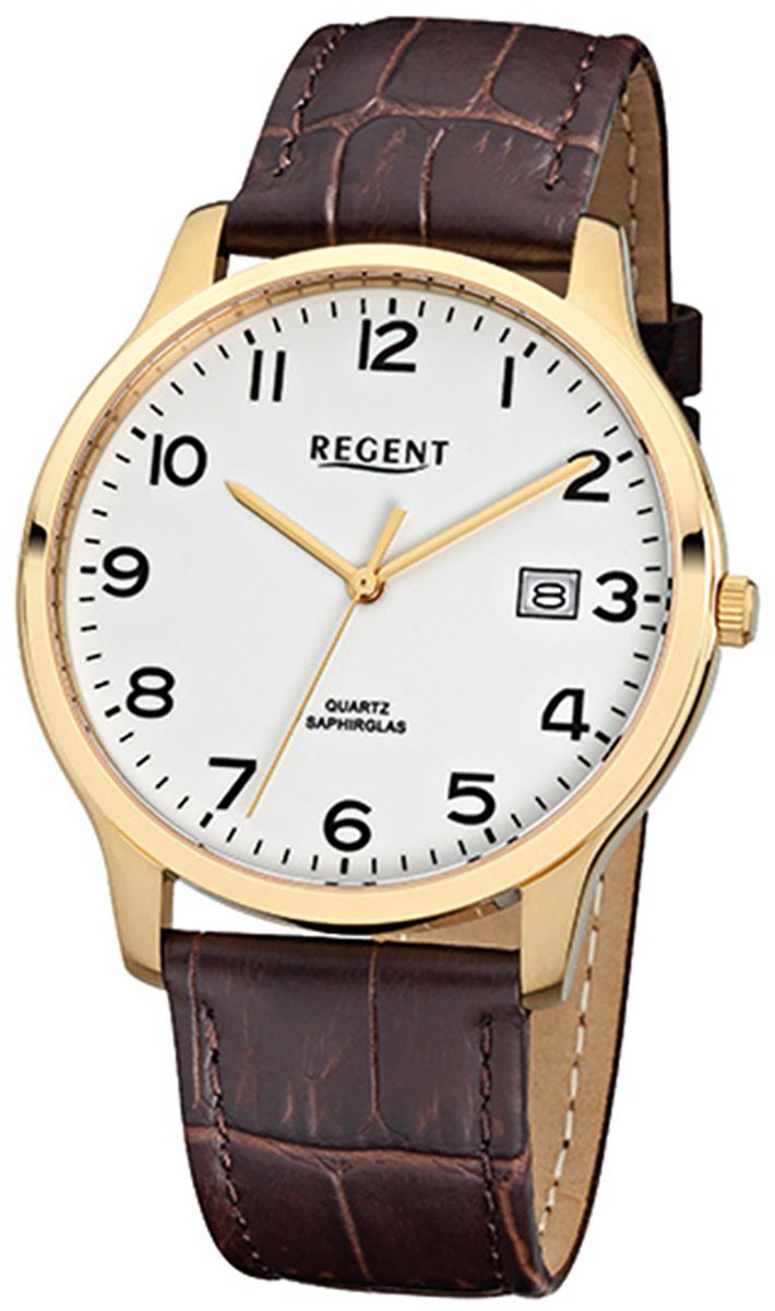 Regent Quarzuhr Regent Herren-Armbanduhr braun Analog, Herren Armbanduhr  rund, mittel (ca. 39mm), Lederarmband, Gehäuse ionenplattiert gold