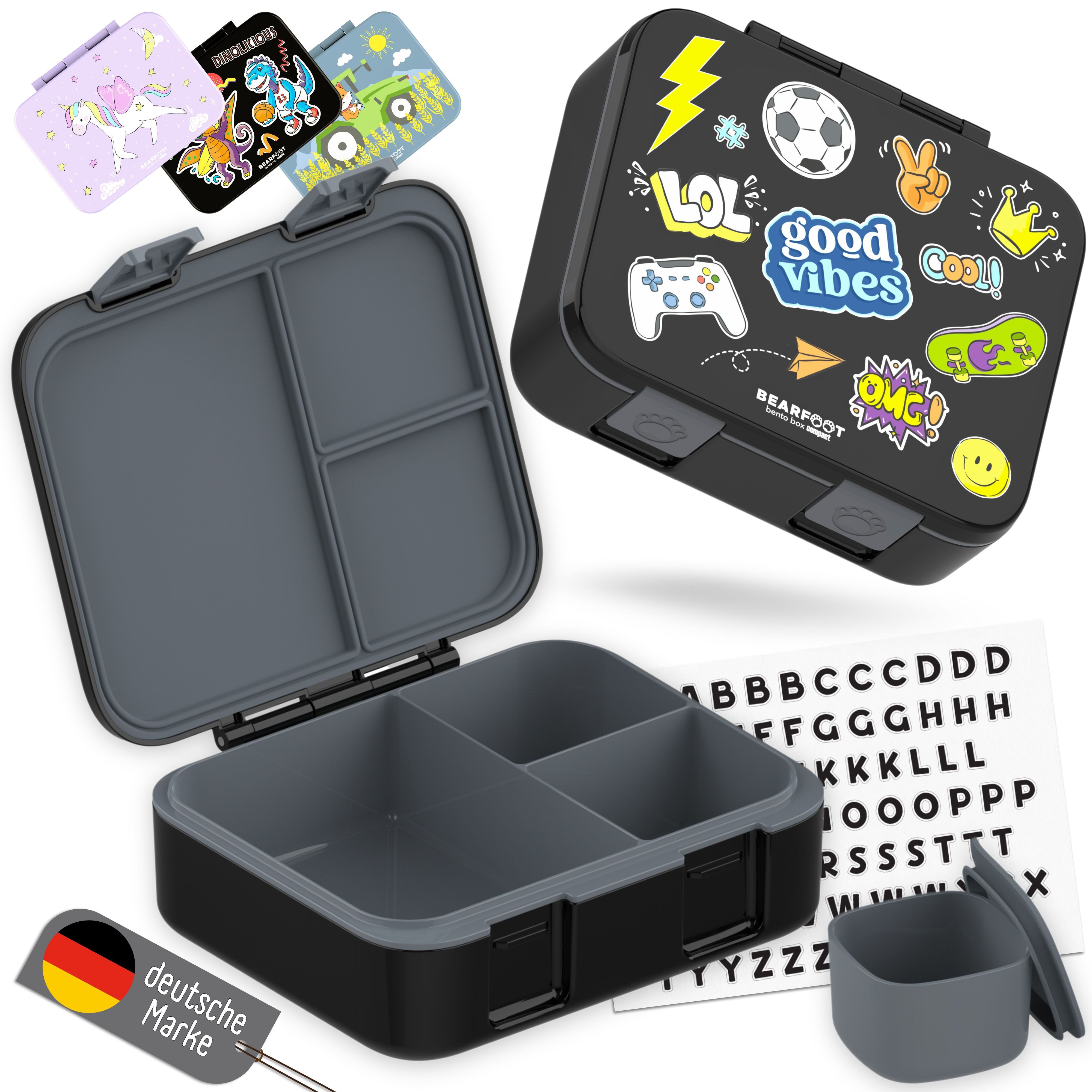 BEARFOOT Lunchbox Brotdose mit Fächern, leicht & auslaufsicher - Sticker schwarz, PP, ABS, Silikon, Kindergarten und Schule - Mädchen und Jungen, Vesperbox, Snackbox