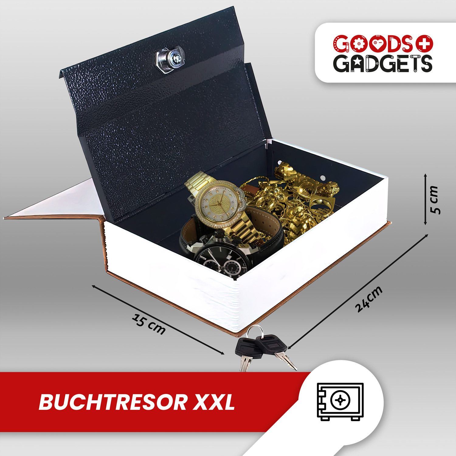 Goods+Gadgets Buchtresor GOODS+GADGETS XXL Abschließbarer Buchtresor - Geldkassette Buch (Geldkassette, Buchattrappe), Bücherregal Geheimversteck – Bild 5 von 5