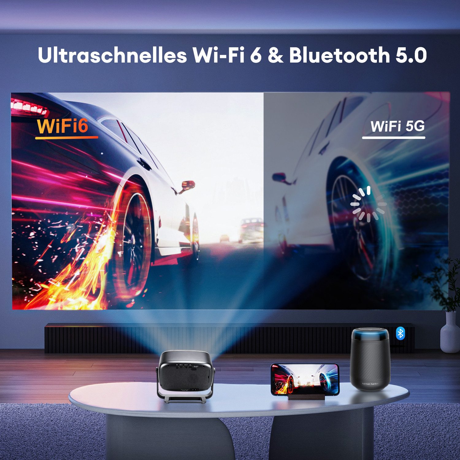CkeyiN Pro 4K Beamer, Projector mit Netflix, Youtube, WIFI 6 Bluetooth 5.0 LCD-Beamer (12000 lm, 1.2:1, 1280*720 px,Bluetooth 5.0,Automatische Trapezkorrektur&Hindernisvermeidung) schwarz