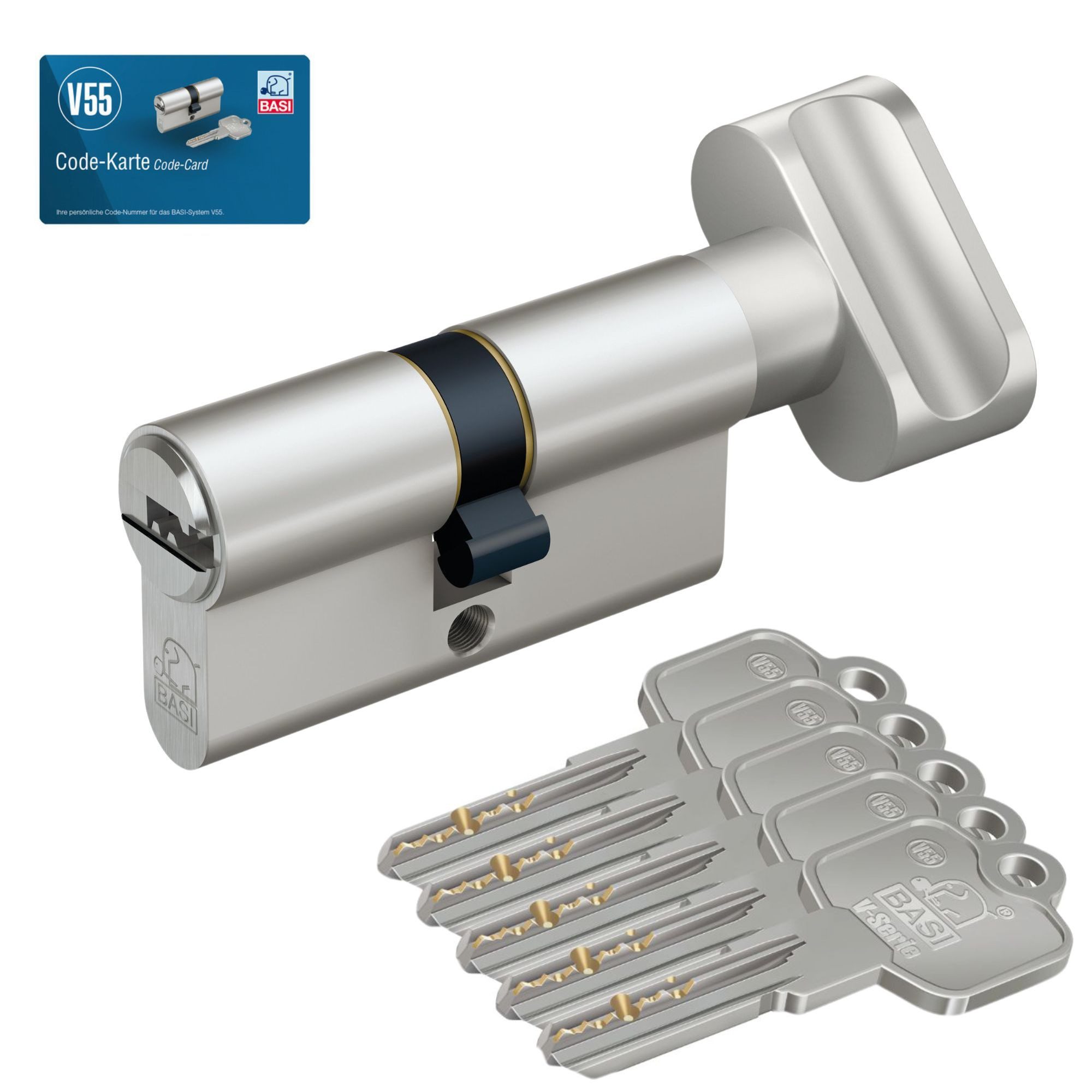 BASI Profilzylinder V55, Gleichschließend, Längen frei kombinierbar, (Packung), Knaufzylinder K30/30 mm, Knaufseite Innen = 30 mm, 5 Schlüssel