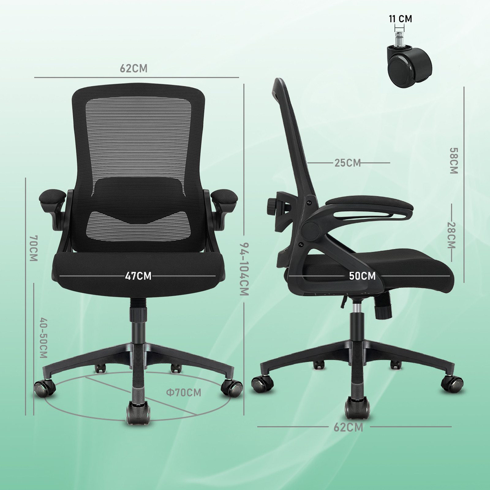 KERDOM Bürostuhl Ergonomisch – Mit Klappbaren Armlehnen, Höhenverstellbar, Netzrücken, Bis 100 Kg