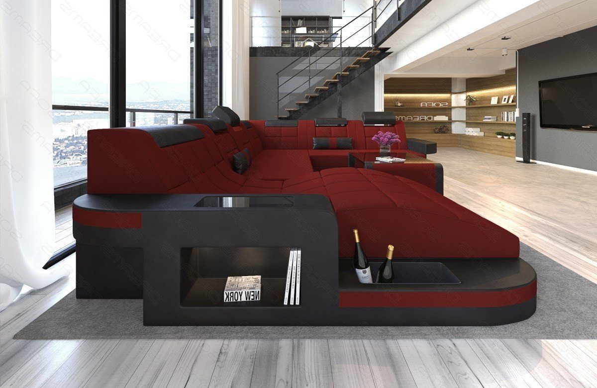 Sofa Couch mit M Wave Bettfunktion Mikrofaser wahlweise dunkelrot-schwarz Polster XXL Wohnlandschaft Dreams Sofa Strukturstoff Stoff,