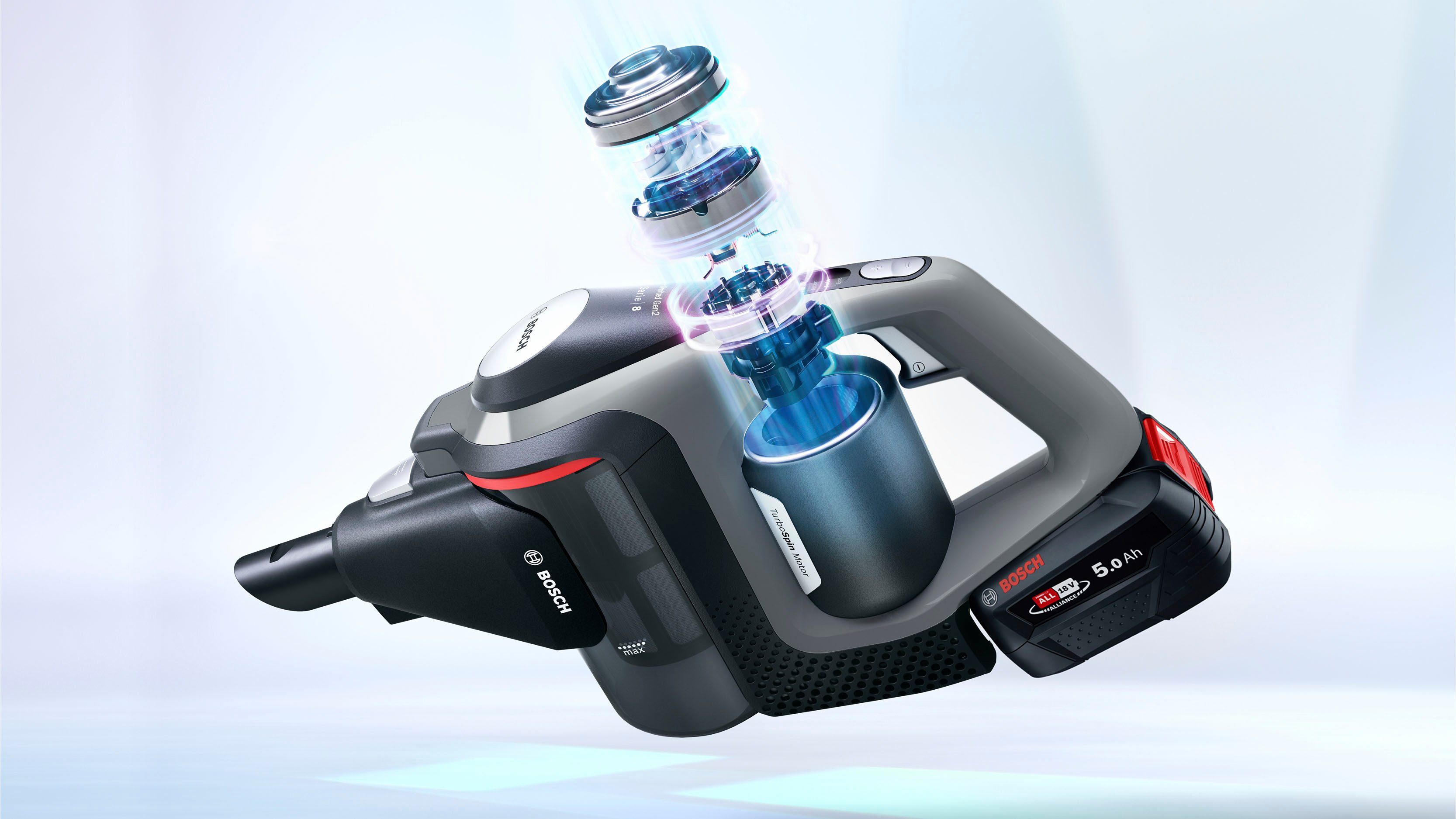 BOSCH Akku-Stielstaubsauger Unlimited 8 Gen2 BSS825MULT, HEPA-Filtersystem, 10 Jahre Motorgarantie, beutellos, 5 Ah Akku, lange Laufzeit, Schnellladegerät, Hartboden-Softdüse, grau