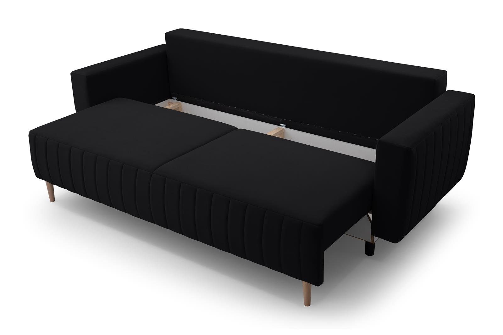 Veloursstoff / 3-Sitzer Velours Schwarz / Grau / (trinity Holzbeine Grün cm Sofa, / Beautysofa Bettfunktion mit und Gelb Schwarz Bettkasten, / RAVI, Orange Polstersofa, 225 16) auf Blau, Dreisitzer