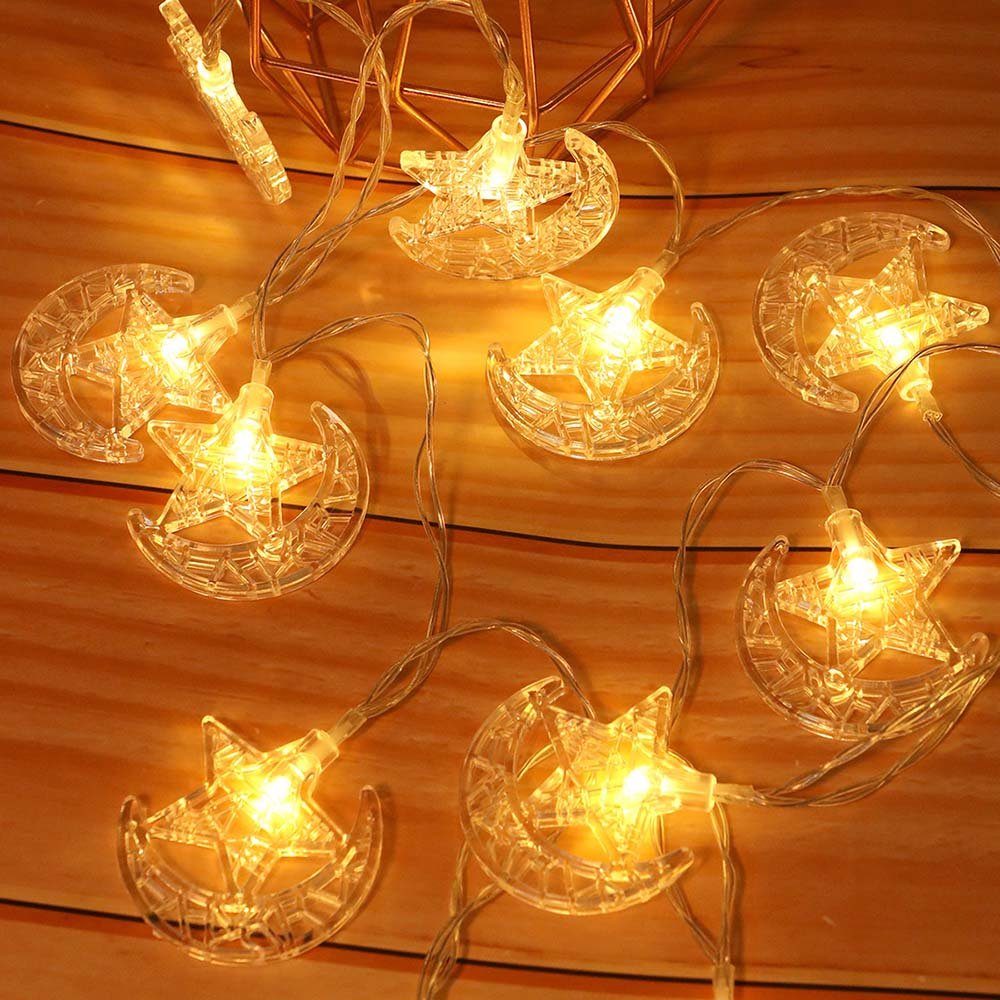 MUPOO LED-Lichterkette 10LEDs/20LEDs,LED Dekolicht Stern,Eid Stern&Mond Paraffin Lichter, 1-flammig, Warmweiß,1,5m/3m,batteriebetrieben, für muslimische Eid Ramadan Fasten Sternmond (20LED 3 Meter)