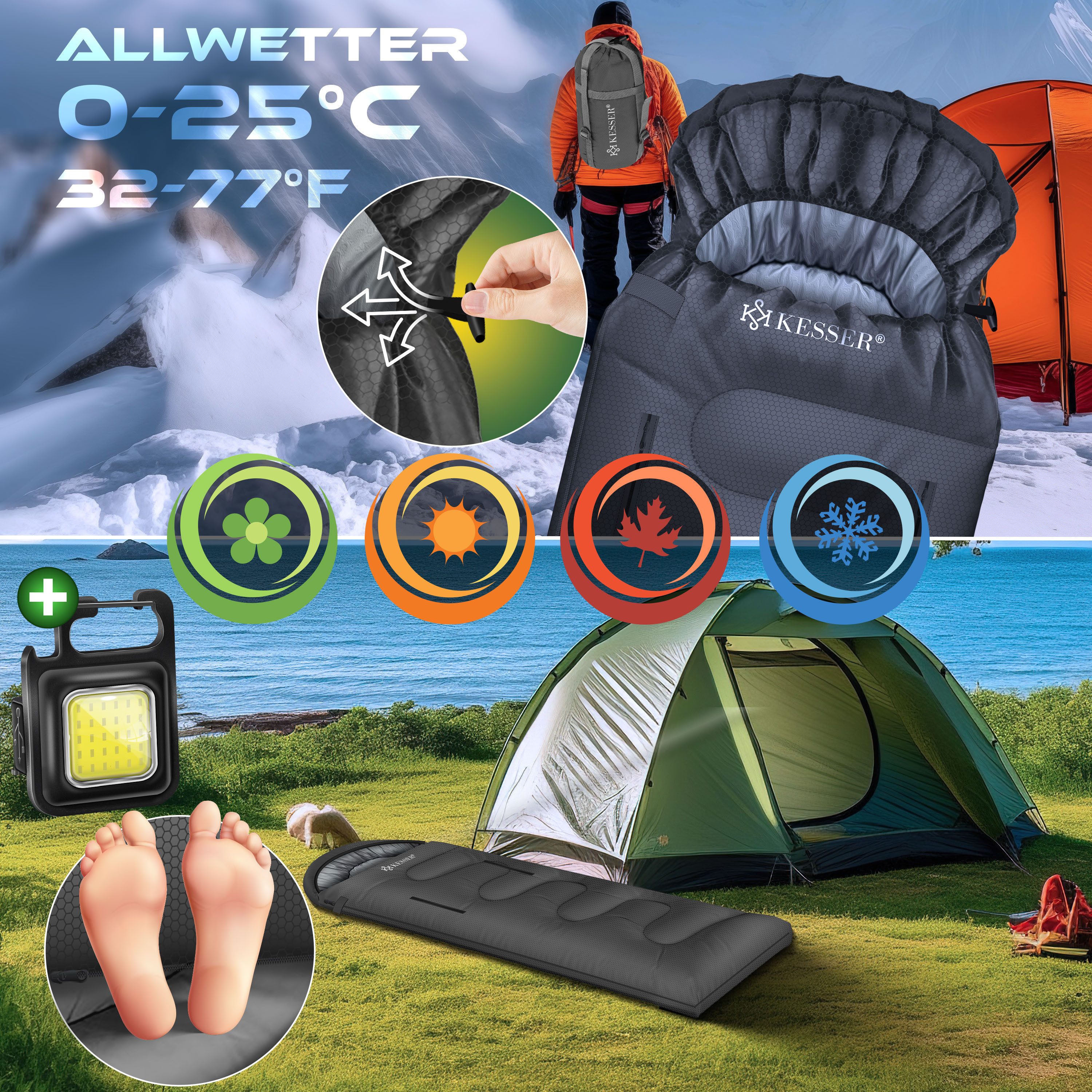 KESSER Deckenschlafsack Camping Schlafsack Outdoor 220x83cm 4 Jahreszeiten (Campingschlafsack inklusive Campinglampe & Seitentasche), für Erwachsene & Kinder Leicht Tragbar Warm & Wasserabweisend