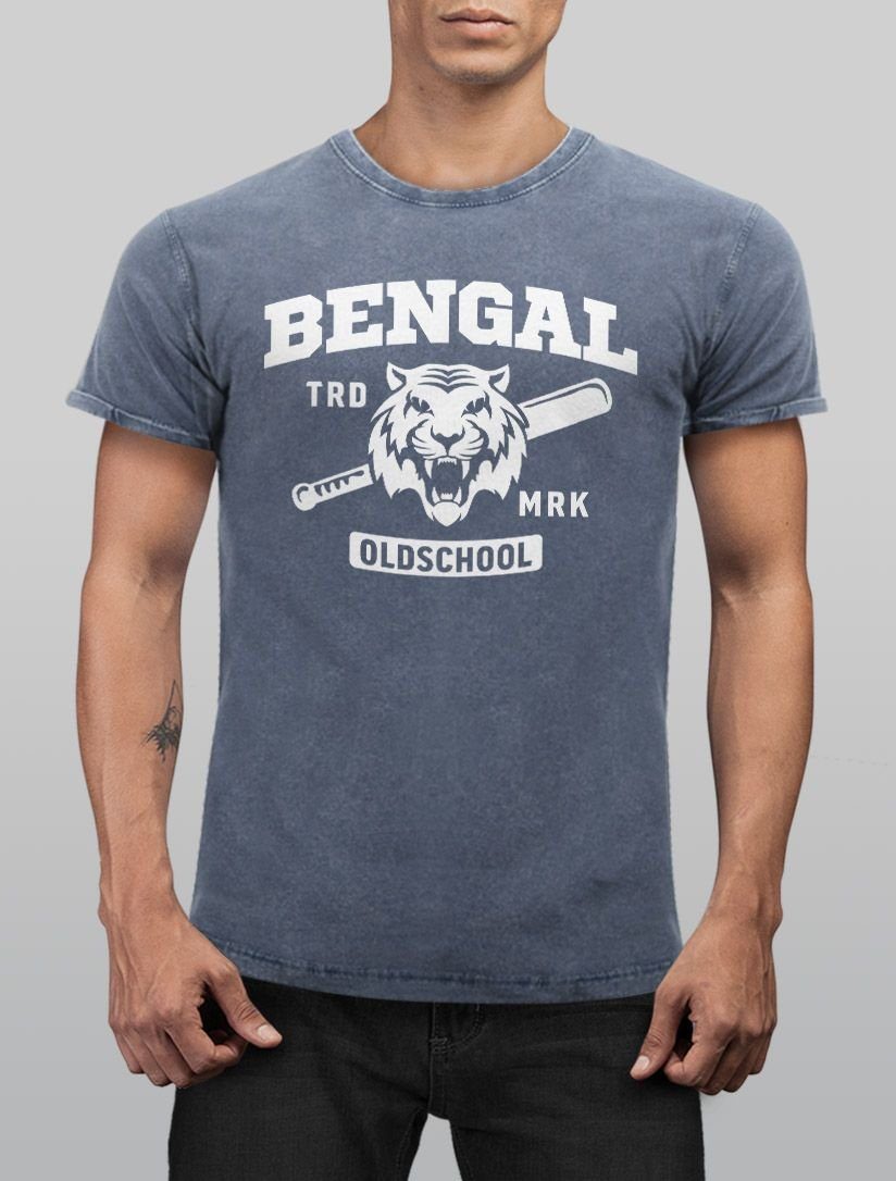 Neverless Print-Shirt Herren Vintage Shirt Sport blau mit Neverless® Baseball Fit Aufdruck Printshirt Slim Bengal Print T-Shirt Used USA Look Tiger