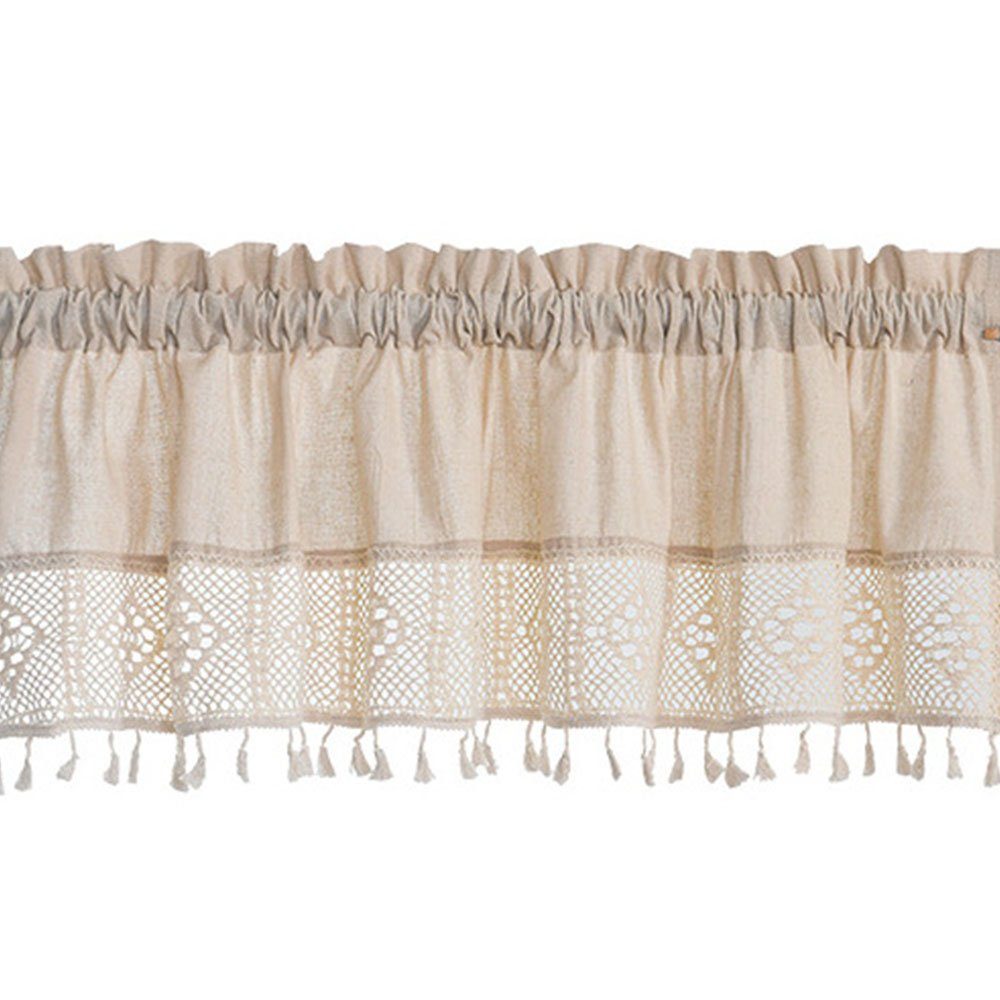 Querbehang Gardine mit Häkeln Spitze Beige Bistrogardine mit Quasten 132*46cm, HIBNOPN