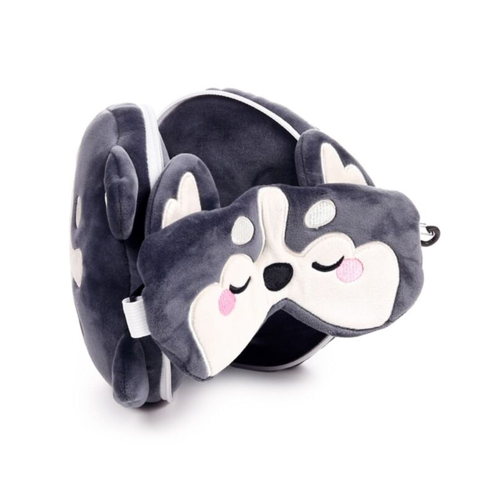 Puckator Reisekissen Relaxeazzz „Luna the Husky“, 2-in-1 Plüsch-Reisekissen mit integrierter Schlafmaske