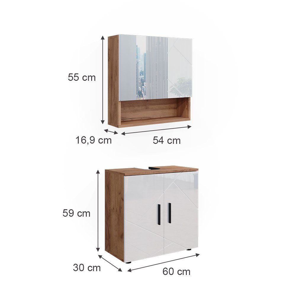 Vicco Badmöbel-Set Irma, Eiche/Weiß Hochglanz, 2 Teile, Unterschrank 60 cm, (2-St., 2er Set)