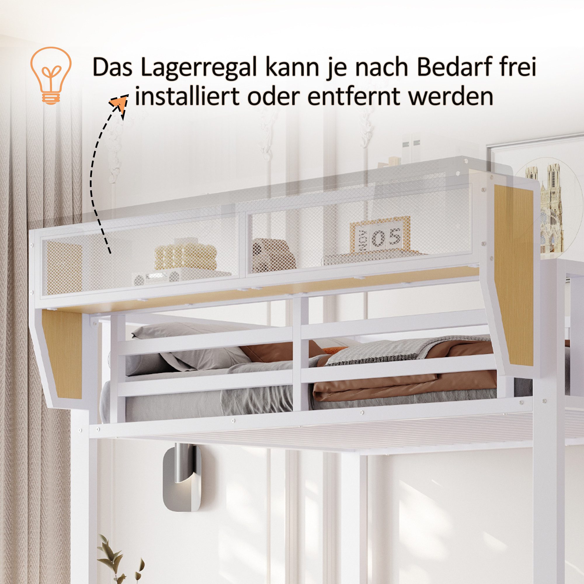 MODFU Hochbett Funktionsbett Kinderbett (90x200 cm mit Regal & Sicherheitsleiter, Platzsparendes Metallbett, für Kinder, Jugendliche & kleine Wohnungen) ohne Matratze
