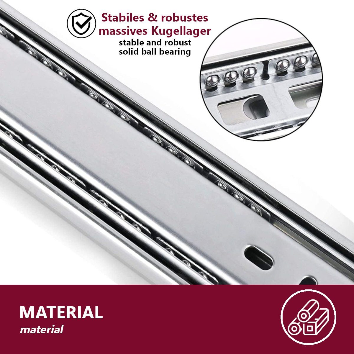 HOOZ Auszug Teleskop Schubladenschienen 25–55 cm – Kugelgelagert Vollauszug 30 kg (2er Set, 4 St., mit Ausrollsicherung), ruhiger Lauf