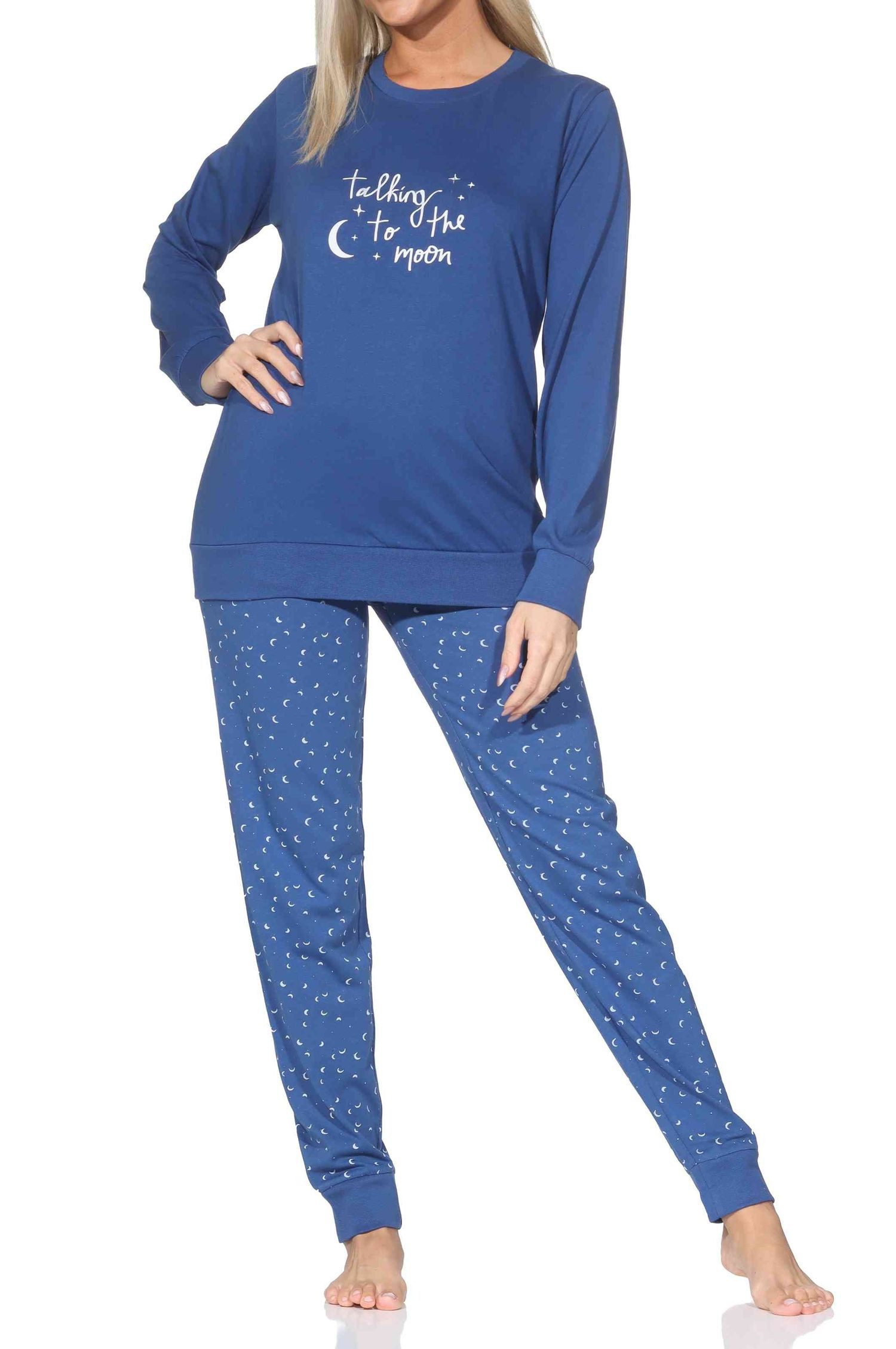 Normann Pyjama Normann Damen langarm Schlafanzug mit Bündchen Pyjama mit Mond Optik