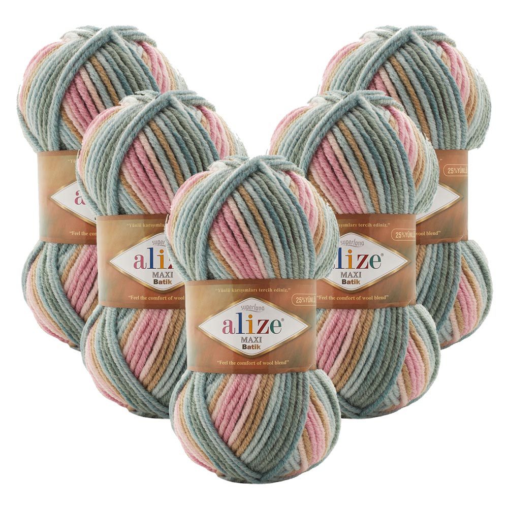 Alize 5 x ALIZE SUPERLANA MAXI BATIK Häkelwolle, 100 m, Yarn,Handstrickgarn,mehrfarbig,Winterwolle, Häkelgarn