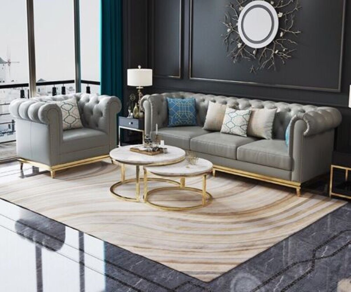 JVmoebel Wohnzimmer-Set, Chesterfield Metall Couch Leder Garnitur Polster Design Grau Sofa 3+1 Sitz