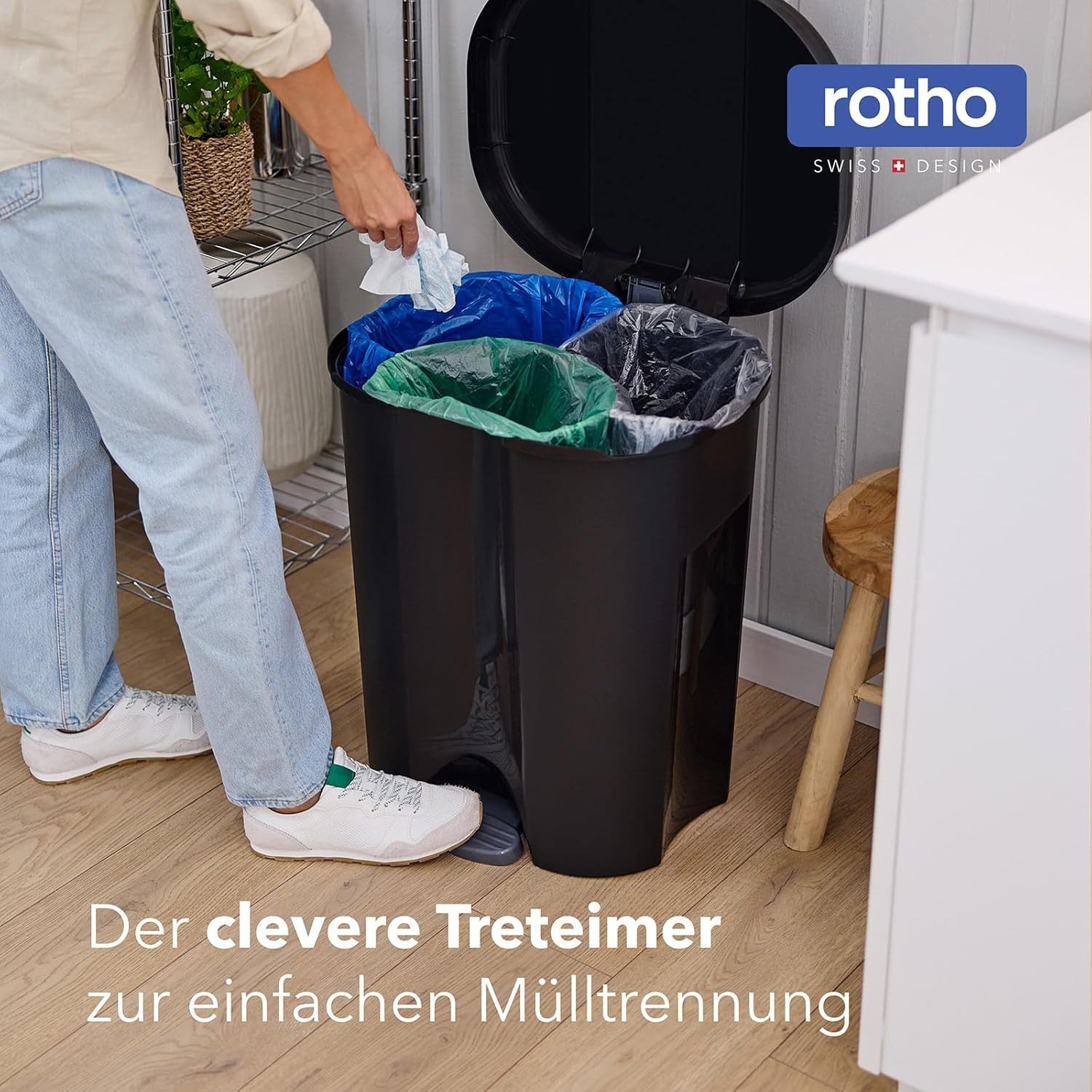 ROTHO Mülleimer Trittabfalleimer TRIO 1 x 10 l, 2 x 15 l je 3 Einsätzen – Bild 2 von 5