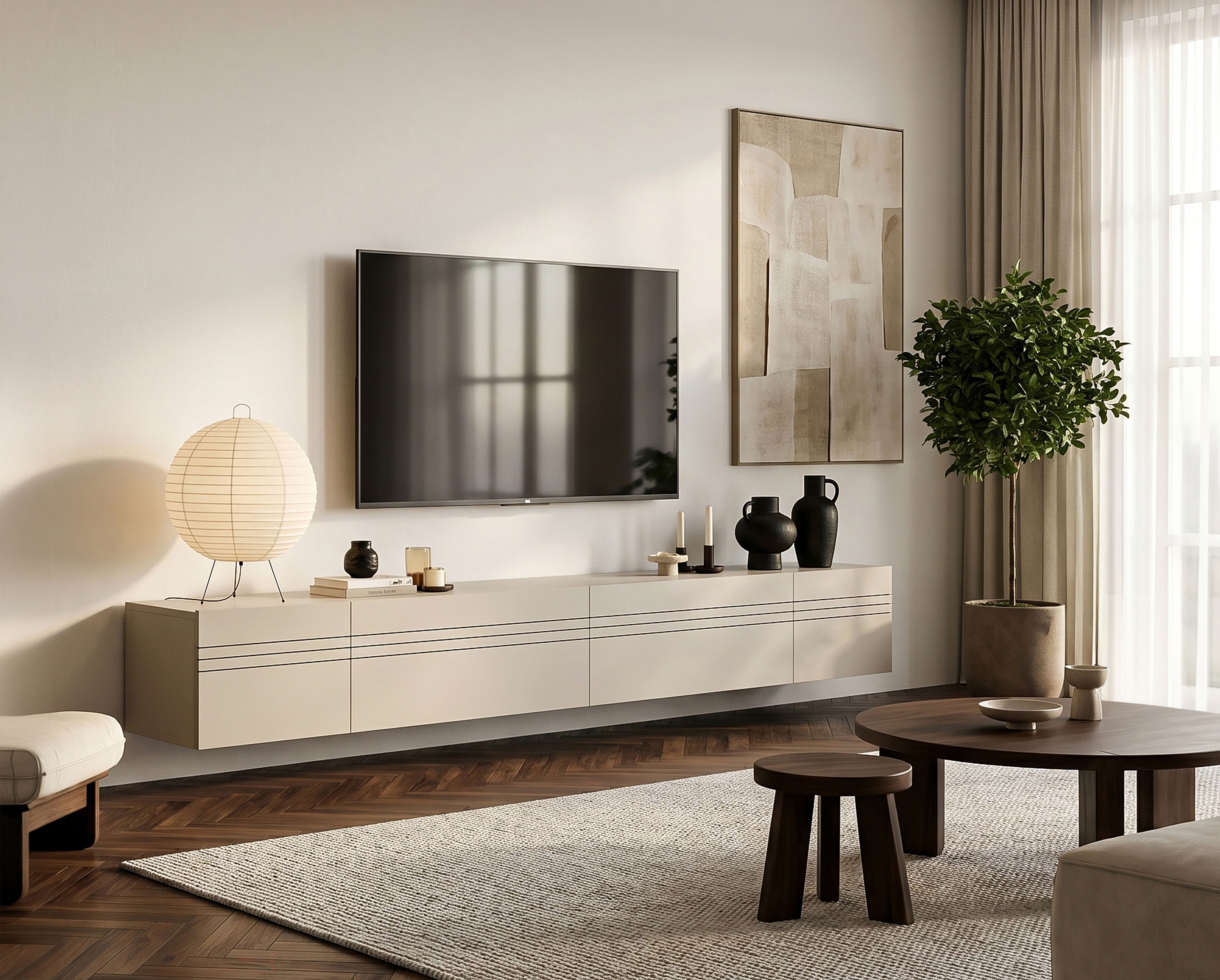 OTTO home Lowboard SPIAGGIA, 4-teiliges Set, Breite 270cm, stehend & hängend montierbar (Grifflose Fronten mit Gasdruckfeder, Fronten mit horizontaler Fräsung), TV-Möbel, TV-Schrank, TV-Lowboard, Mediaboard