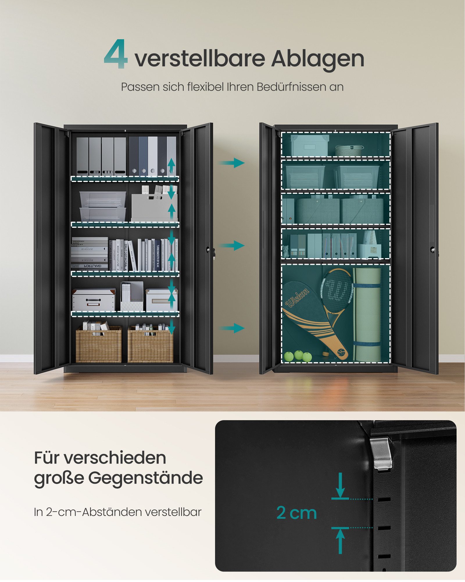 SONGMICS Aktenschrank 5 Ebenen, Mehrzweckschrank Metall, 60/80 x 180 x 40 cm Werkzeugschrank, abschließbar, verstellbare Ablagen, Doppeltüren