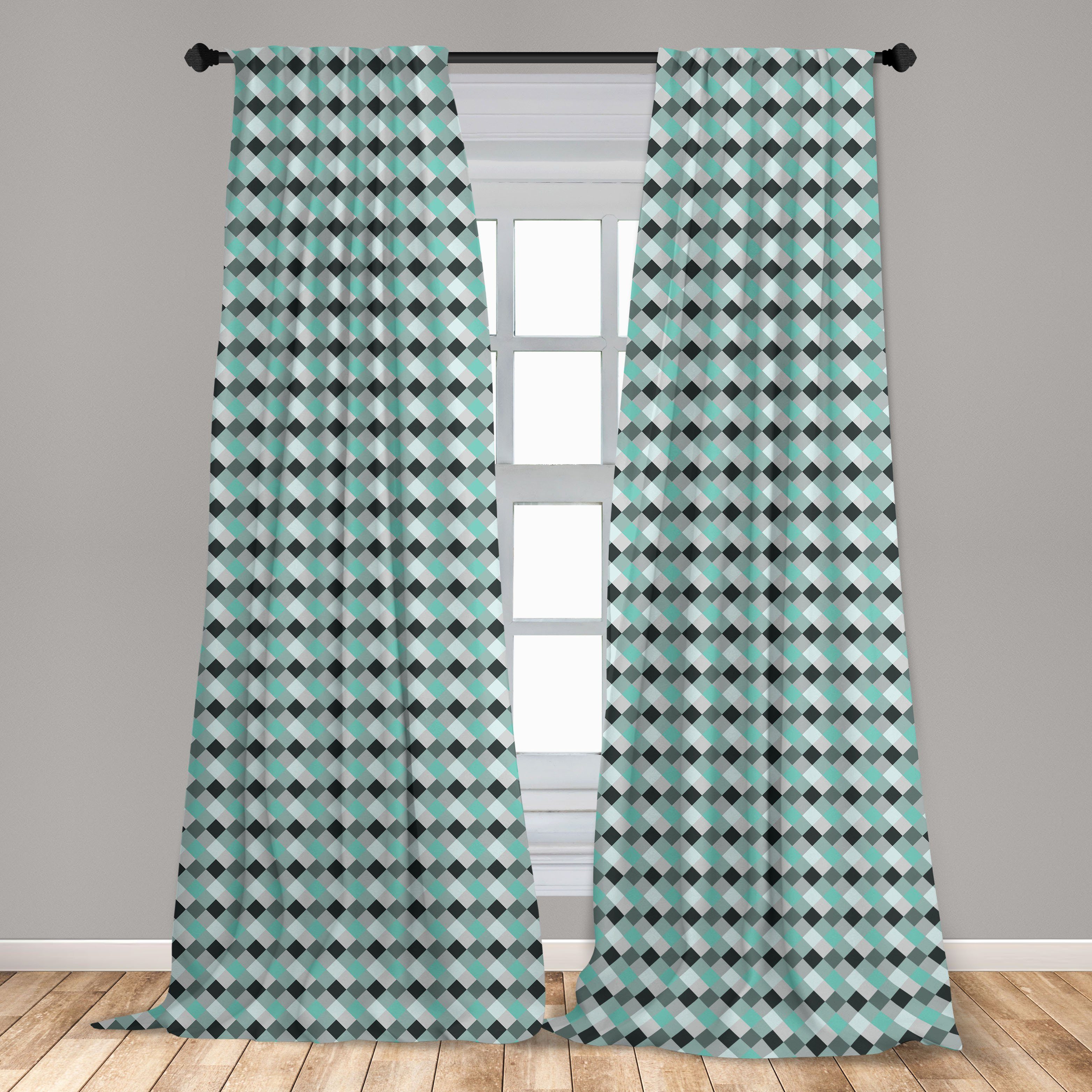 Abakuhaus, Vorhang Verziert Wohnzimmer Geometrisch Checkered Dekor, Gardine Diagonal für Schlafzimmer Microfaser,