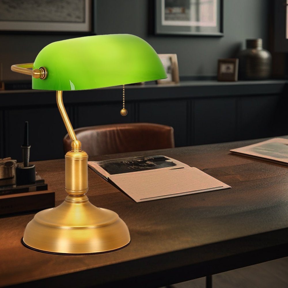 Globo Schreibtischlampe, Leuchtmittel grün Schreibtischleuchte Bankerleuchte Zugschalter inklusive, messing Tischlampe nicht
