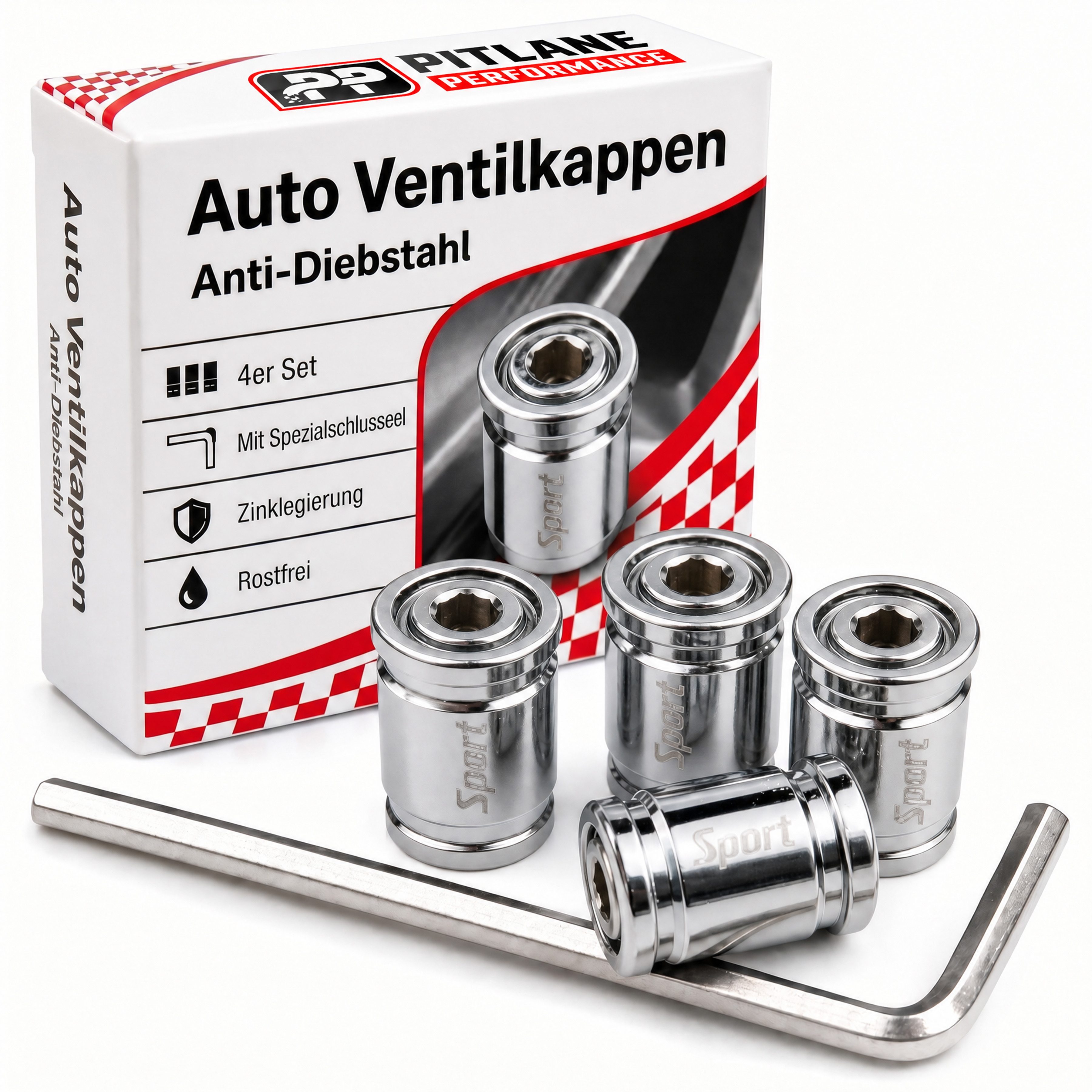Pitlane Performance Ventilkappe 4er Set Ventilkappen Auto Metall mit Diebstahlschutz, (Rostfrei, Schrader Ventildeckel), Reifenventilkappen Schraderventil Autoventil & Fahrradventil Kappe
