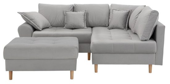 HOME AFFAIRE Ecksofa RICE L-Form, Set, mit Hocker, Massivholzfüße und Federkernpolsterung Silbergrau Samtopitk