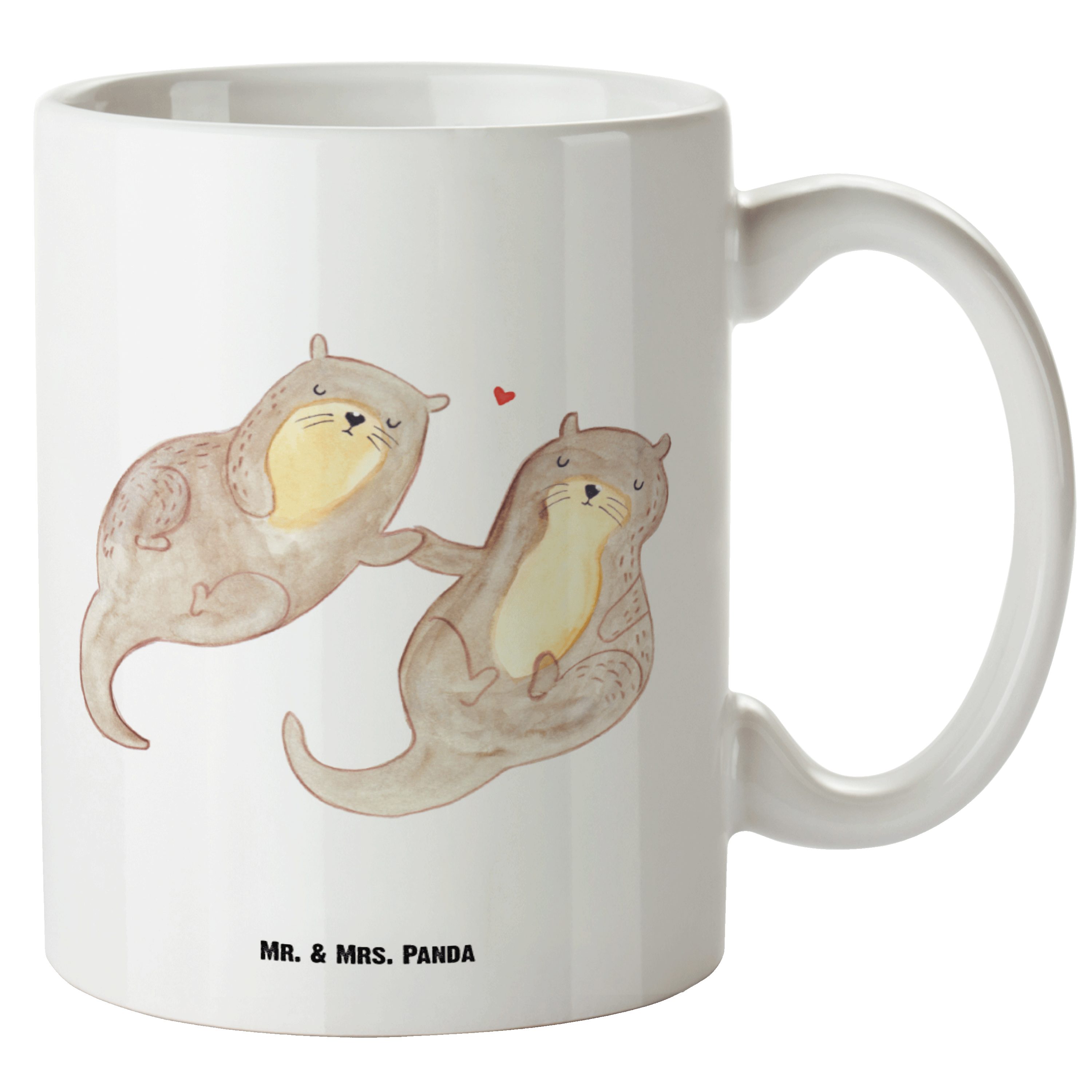 Mr. & Mrs. Panda Tasse Otter händchenhaltend - Weiß - Geschenk, Große Tasse, Seeotter, Fisch, XL Tasse Keramik