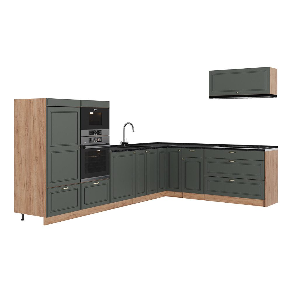 Vicco Winkelküche Fame-Line, Grün-Gold Landhaus/Goldkraft Eiche, 327 x 227 cm, AP An...