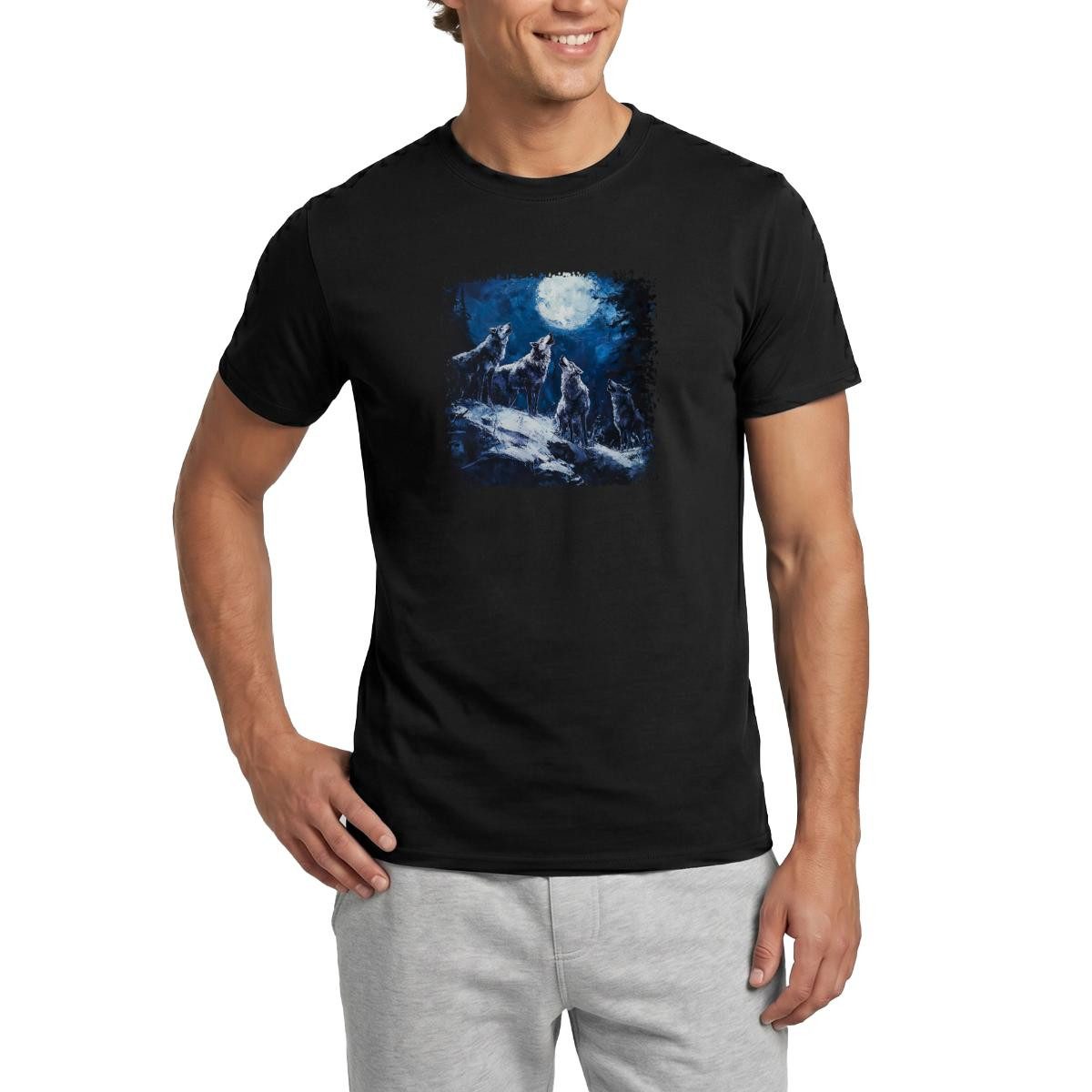 T-Shirt Heulende Wölfe Bei Vollmond, Wildnis Motiv Männer T-Shirt