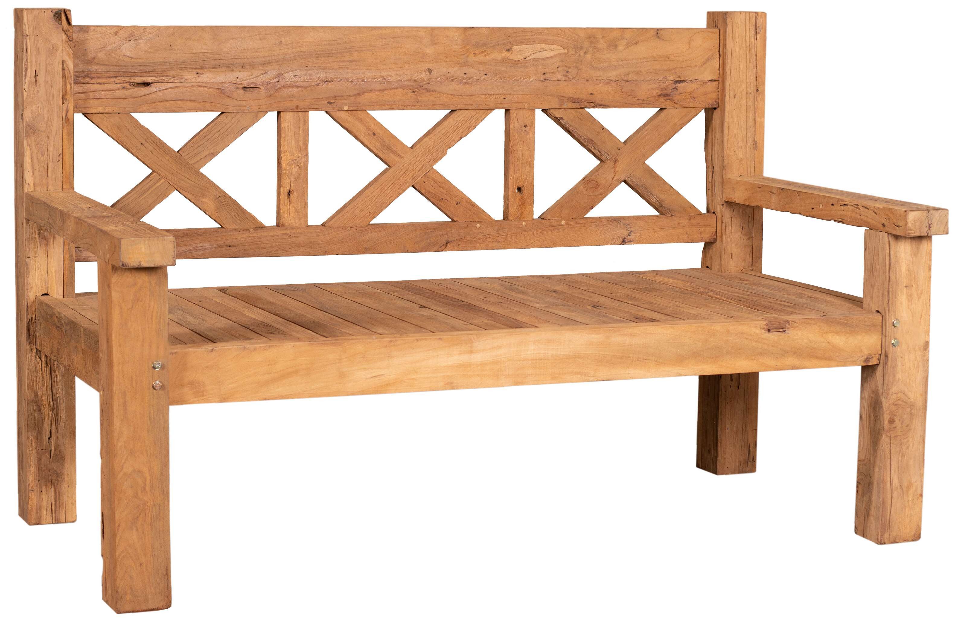MR.DEKO Gartenbank Rustique Teak 160 cm, Holzbank extra tief, große Sitzfläche (Gartenbank, 1-St., 1 Teakholz-Gartenbank 160 cm, wetterfest & massiv, mit Armlehnen), Rustikale Optik, extra breite Sitzfläche