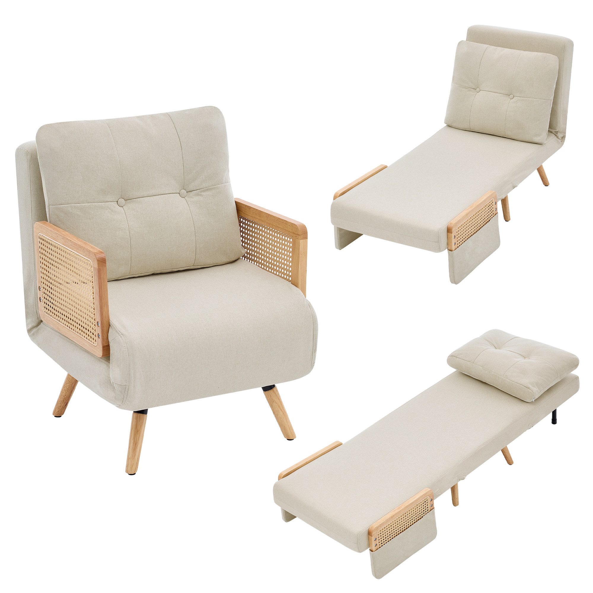 Merax Relaxliege 3-in-1 Schlafsessel mit Schlaffunktion, ausklappbarer Relaxsessel, Schlafsofa Klappsofa 67,5 × 73 × 86,5 cm 1 Teile, 5-fach verstellbarer Loungesessel mit Rattan-Armlehnen, Leinen