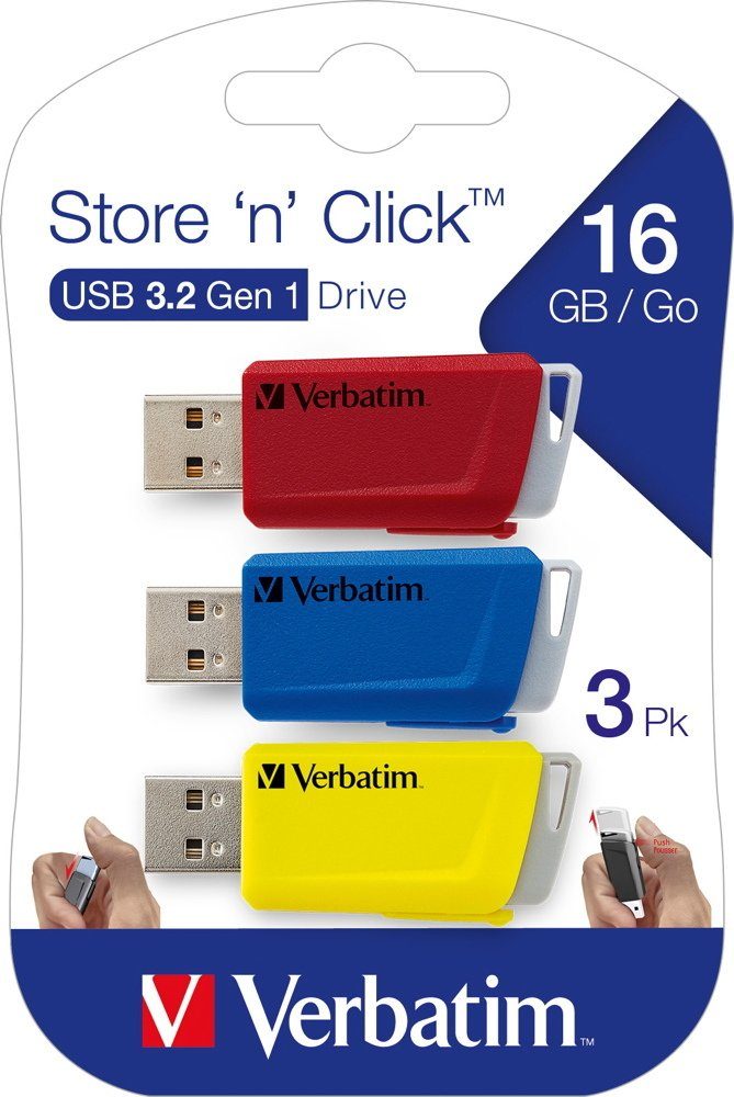 Verbatim USB Stick 16GB Store'n'Click rot, blau, gelb USB 3.2 3er Pack USB-Stick