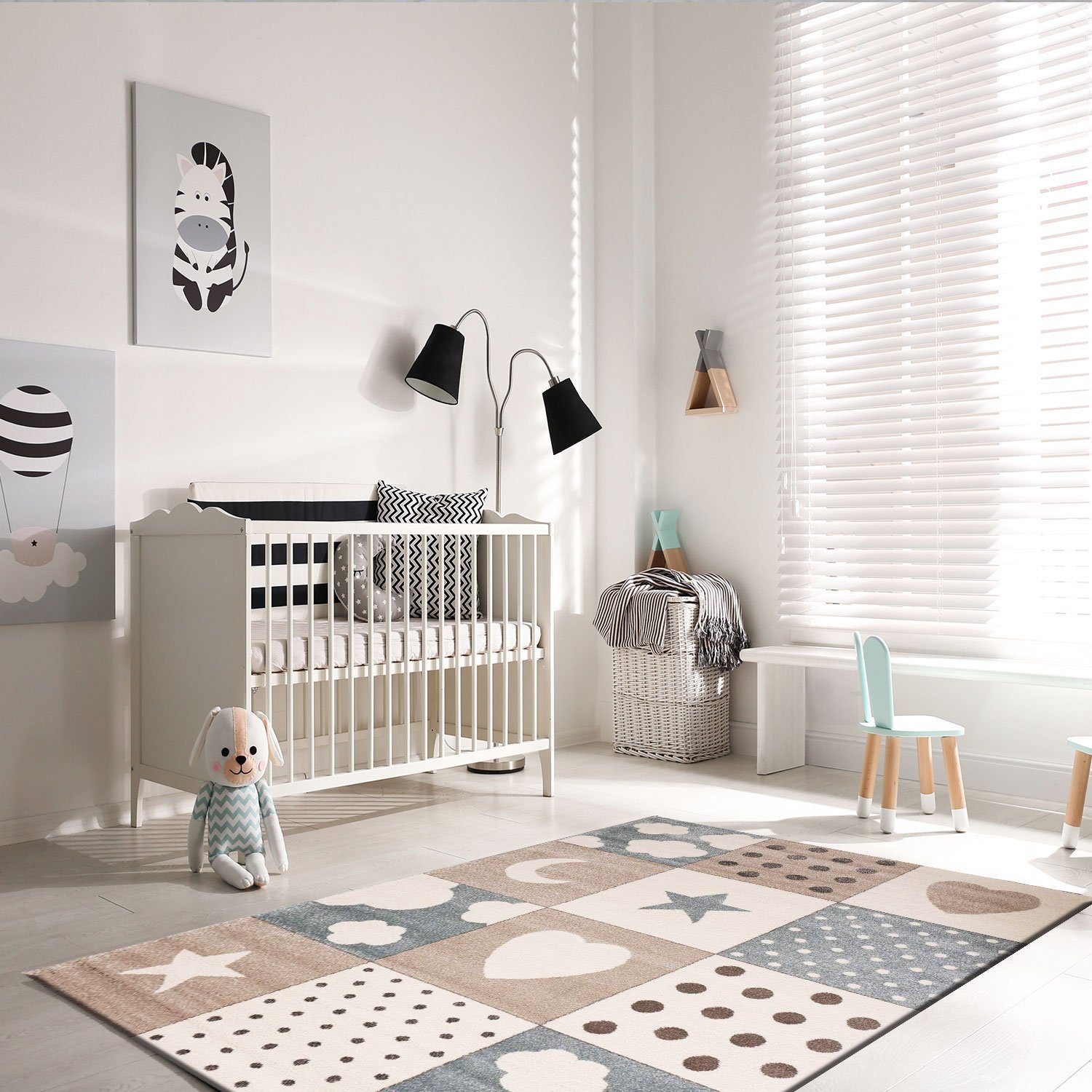 Vimoda Kinderteppich Bino, Herz, Stern & Wolke, Rund, Höhe: 12 mm, Teppich Blau Karomuster, Kinderzimmer, Schlafzimmer