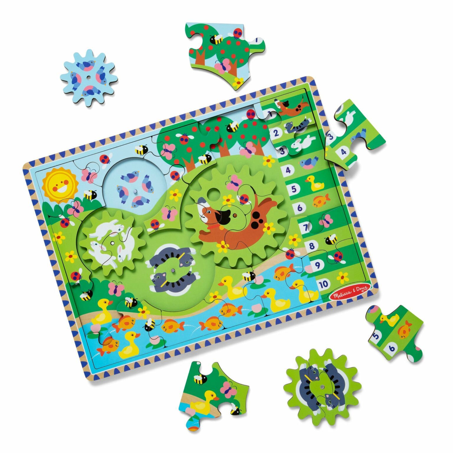 Melissa & Doug Steckpuzzle Tierjagd aus Holz mit drehenden Zahnrädern, 24 Puzzleteile, Holz