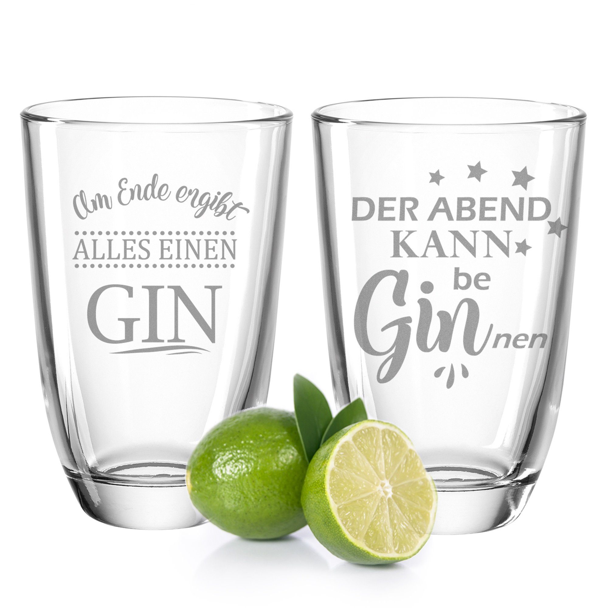 GRAVURZEILE Cocktailglas 2er Set - Der Abend kann beGINnen & Am Ende ergibt alles einen Gin, Glas, Montana GIN-Gläser als Geschenkset